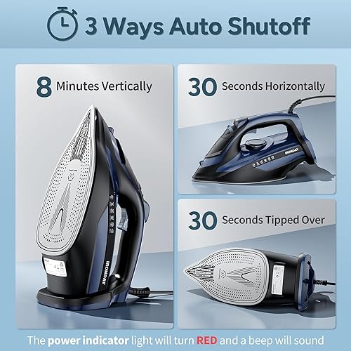 Miniatura 5 de Plancha de vapor para ropa, calentamiento rápido de los años 20, plancha de 1700 W con tanque de agua grande de 15.21 onzas, apagado automático de 3