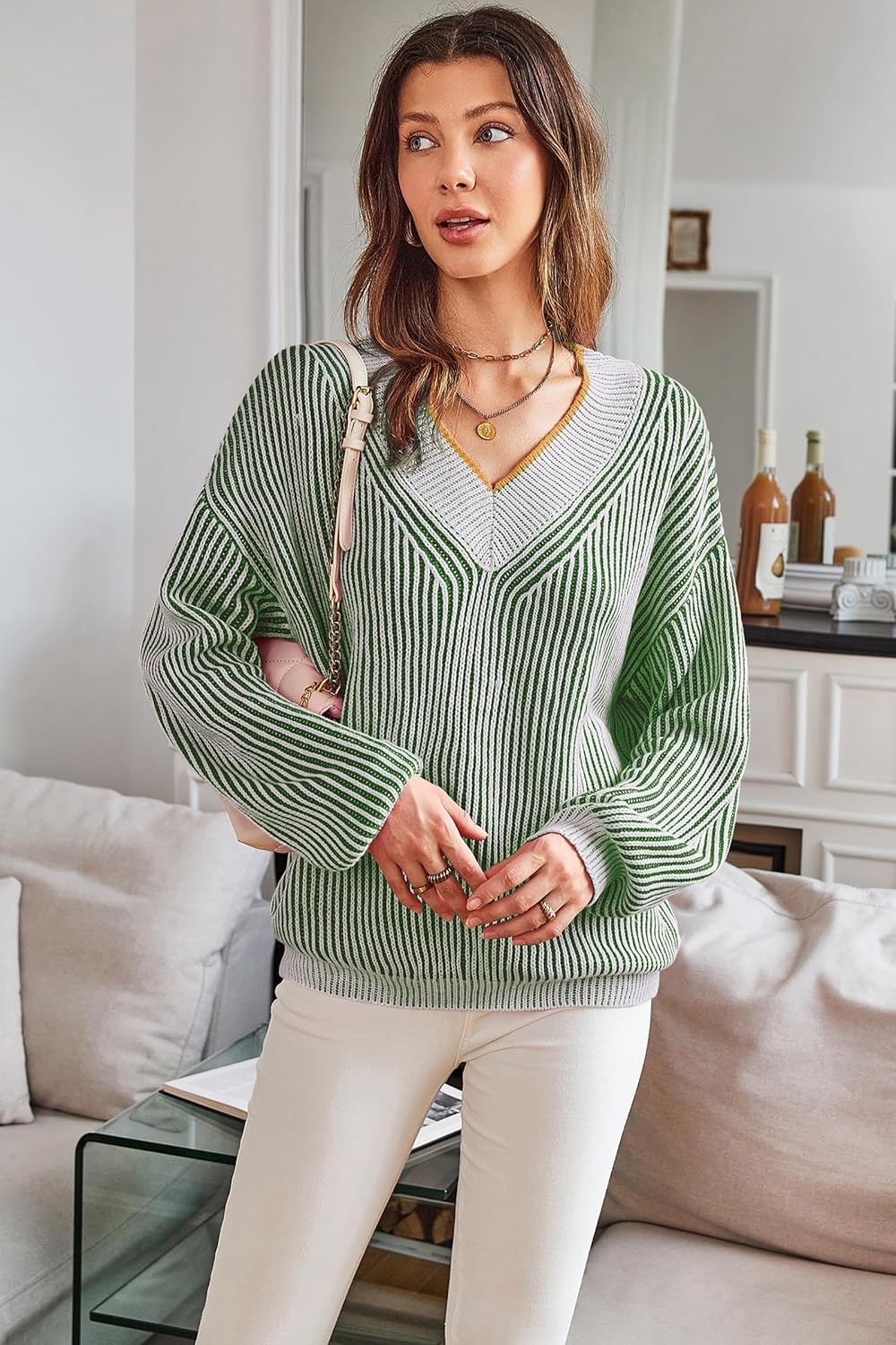Cakulo Womens Fall 2025 Oversized Striped V Neck Sweaters Long Sleeve Knit Color Block Trendy Pullover Sweater Top - Image 9