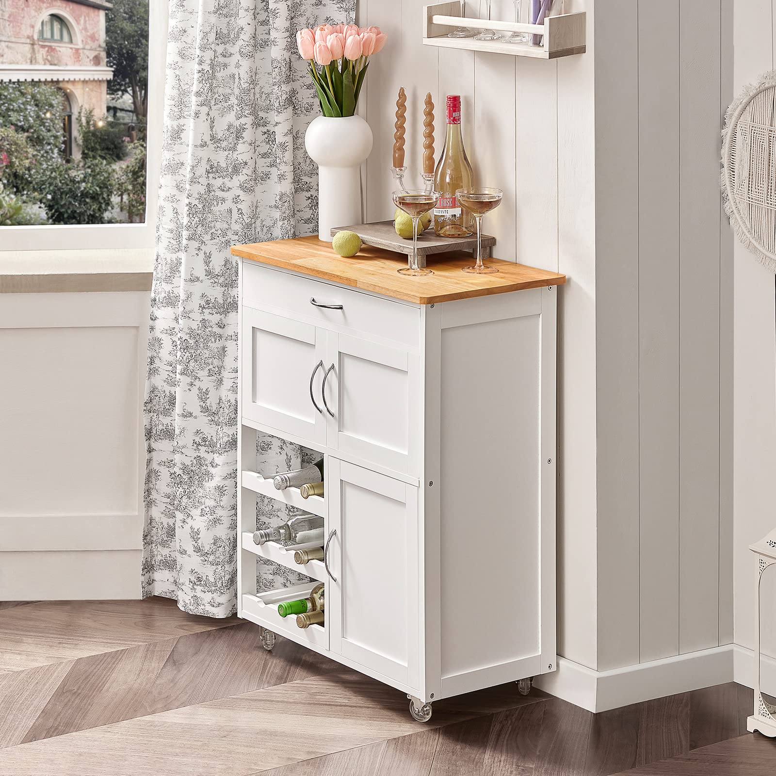 SoBuy Mobile Cucina Salvaspazio con Ruote Carrello Cucina con Cassetti e Portabottiglie, Mobiletto Credenza credenza cucina per Cucina o Sala da Pranzo, Bianco 67x86x38cm FKW45-WN