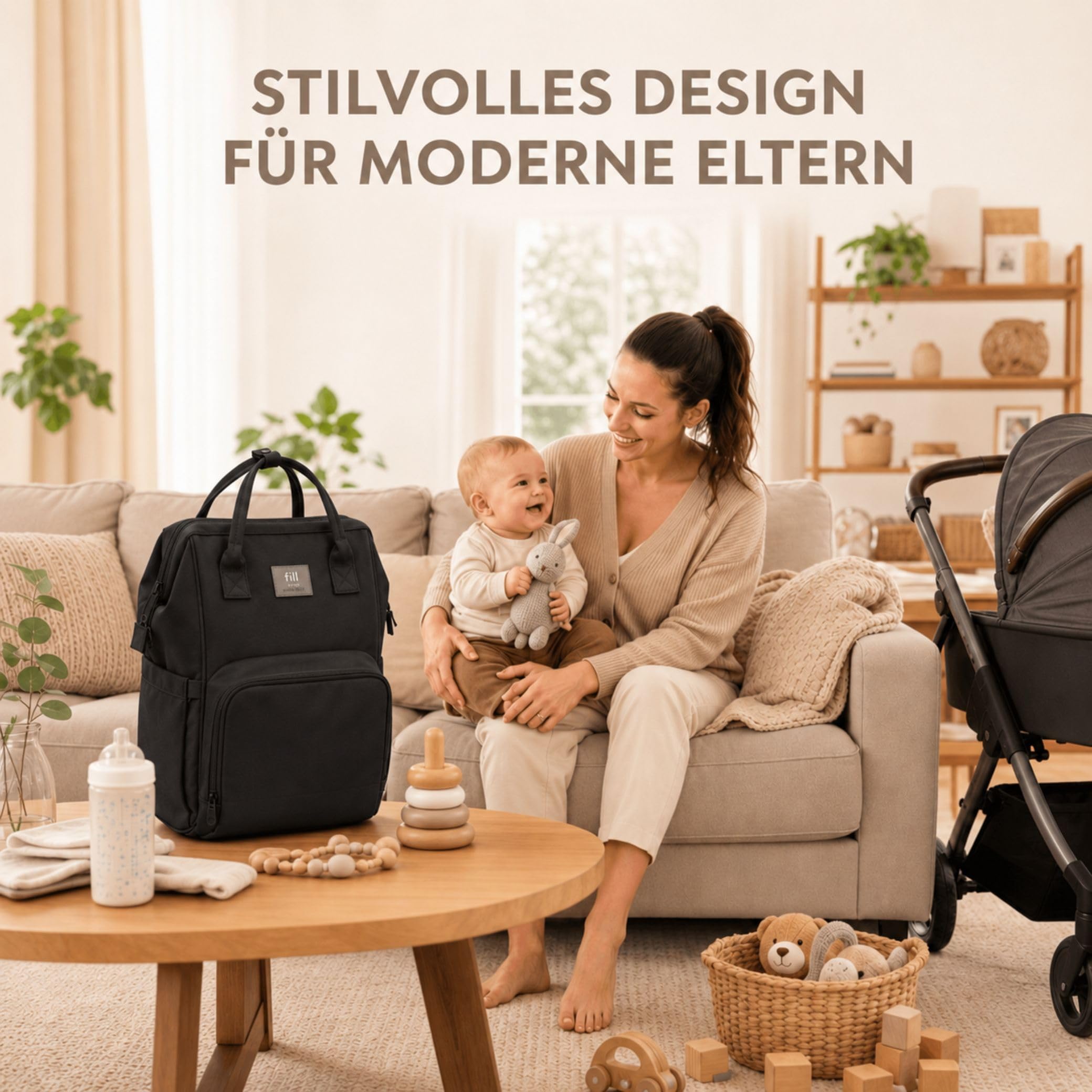 Fillikid Wickelrucksack Barcelona | Geräumiger & stylischer Rucksack mit vielen Fächern, isoliertem Flaschenhalter & Wickelauflage | Bequem tragbar & ideal für den Alltag mit Baby