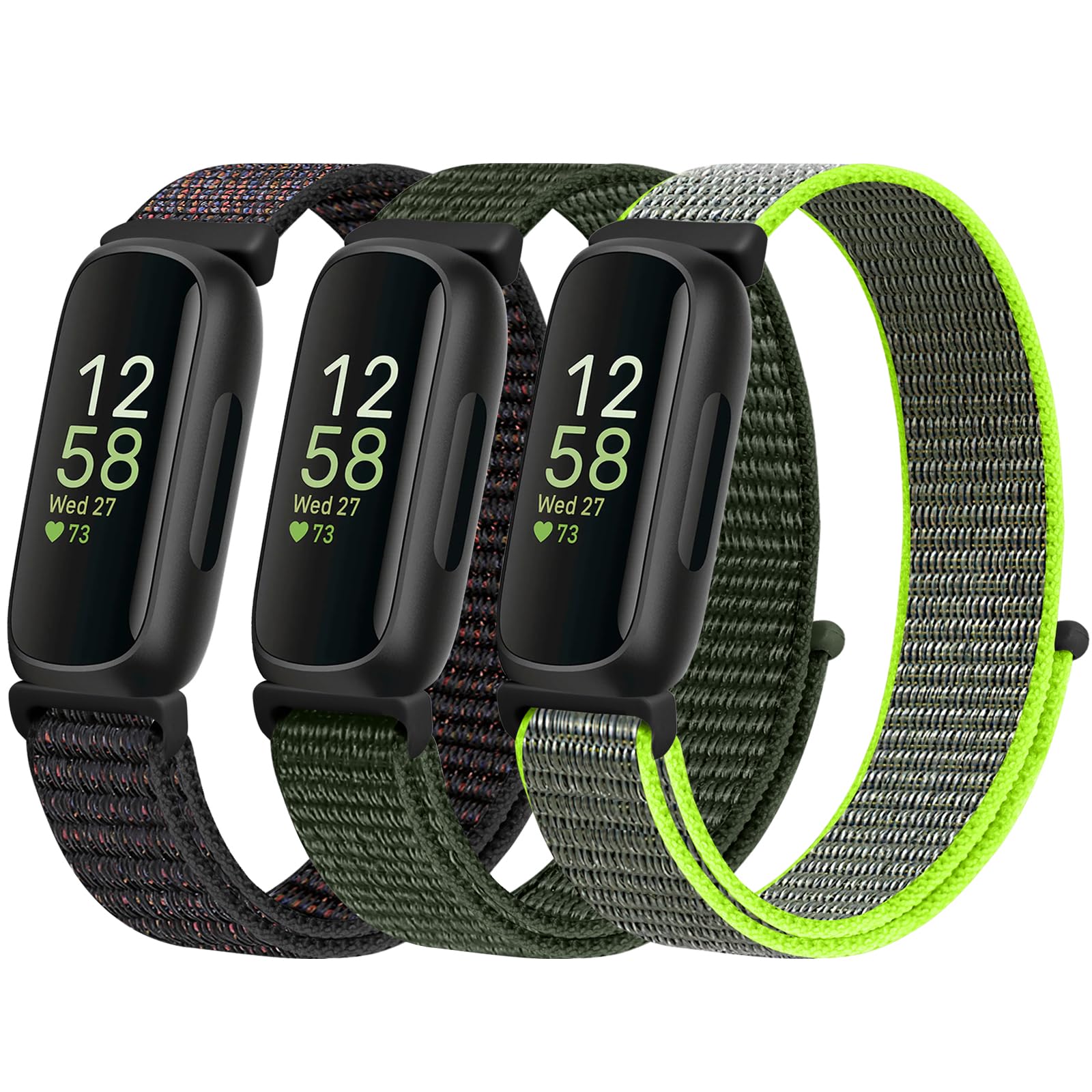 Nylon Bands Compatible for Fitbit Inspire 3/2/HR/Ace 3/2, Breathable Sport Replacement Straps Soft Adjustable Solo Loop Official Black+Navy Green+Flash