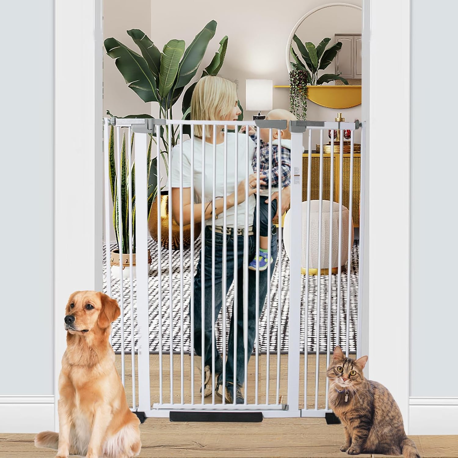 51 Inch Extra Tall Baby Gate Auto Close Cat Gate Adjustable 29.92"-43" Wide Pressure Mounted Pet Gate for Doorways,Stairs, House (White, 51.18 inch) White 51 inch