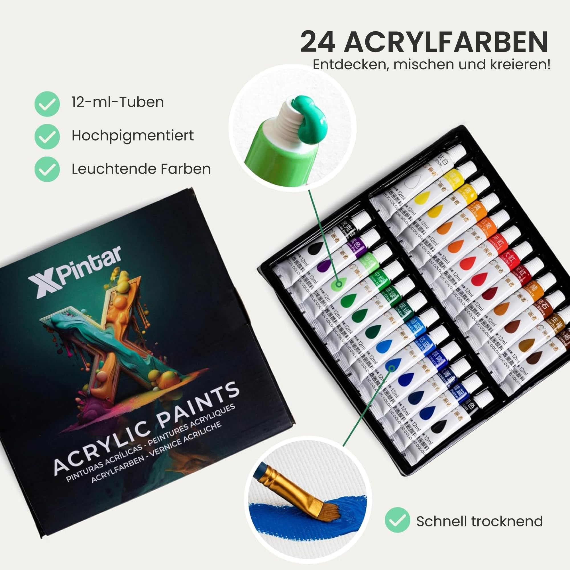 Acryl-Malset, 34-teilig, Staffelei, Holzkoffer, tragbar, 24 Tuben, 12 ml, lebendige Farben, Leinwand, 24 x 30 cm, 6 Pinsel, Spachtel, Palette, komplettes Set, Erwachsene, Kinder, Anfänger