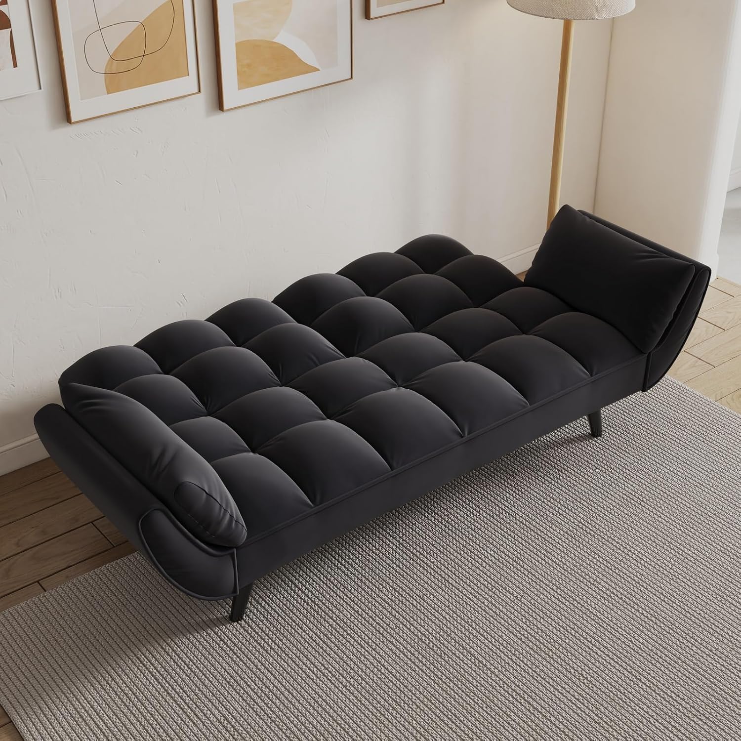 Majnesvon Velvet Futon Sofa Couch Bed with 2 Pillows, Convertible Folding Futon Couch with Adjustable Backrest, Love Seat Sleeper Sofa Bed for Small Spaces, Living Room, Office, Apartment (Black)