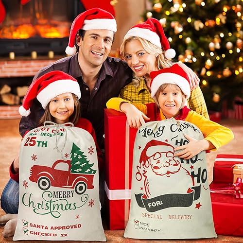 Miniatura 6 de SULOLI 2 sacos grandes de Papá Noel, bolsa de regalo de lona de Navidad de 26 x 19 pulgadas con cordón para decoraciones de fiesta de Navidad