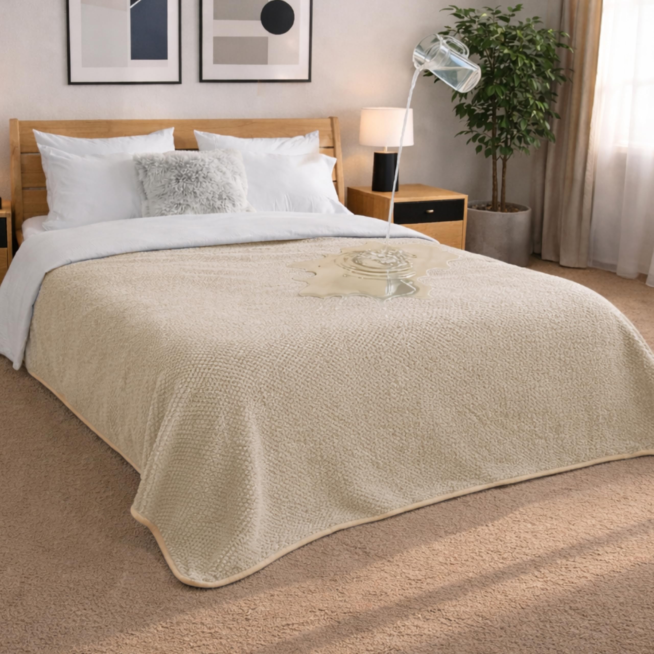 Dreamzie Coperta Impermeabile 218x274cm - Cerata Letto Matrimoniale Reversibile e Lavabile in Lavatrice in Pile Sherpa per Letto o Divano - Copridivano impermeabile per animali - Beige