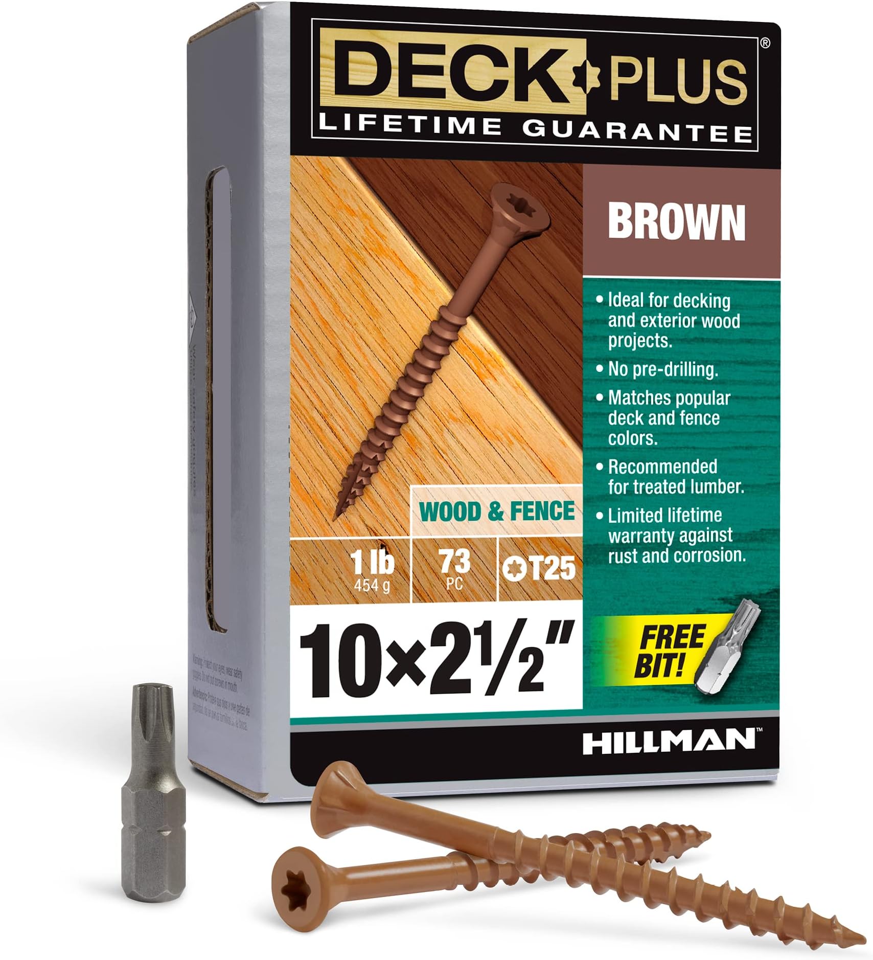 Deck Plus 2-1/2 Inch Epoxy Coated Exterior Wood and Fence Screws #10 x 2-1/2" Torx/Star Drive Included Coarse Thread, Outdoor Rust Resistant Decking Screw, Brown, 1lb Box, 73 Pieces | 48824