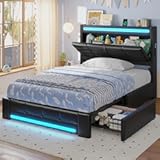 ADORNEVE Twin Bed Frames with Storage Headboard & 4 Drawers&comma; LED Bed Frame with Charging Station&comma; Upholstered Twin Size Platform Bed for Kids&comma; No Box Spring Needed&comma; Black PU