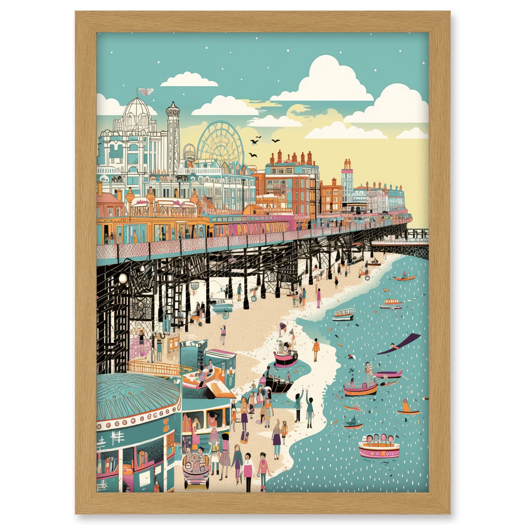 Artery8 Brighton Beach Pier and Sandy Summer Scene Artwork Framed A3 Wall Art Print