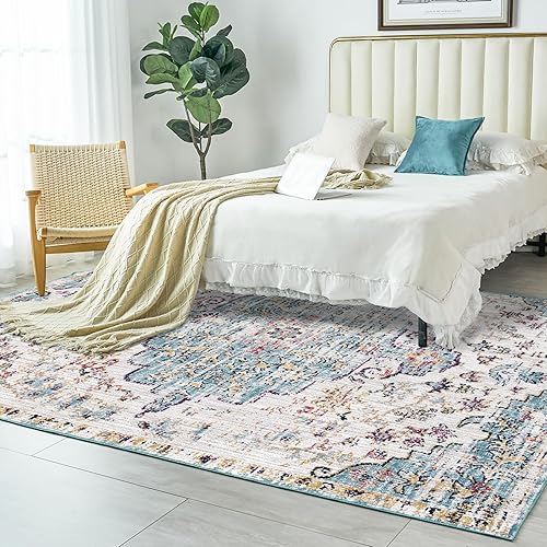 Miniatura 8 de VK VKLIVING Alfombra lavable a máquina de 5 x 7 pies, diseño vintage, lavable con alfombras antideslizantes para sala de estar y dormitorio,