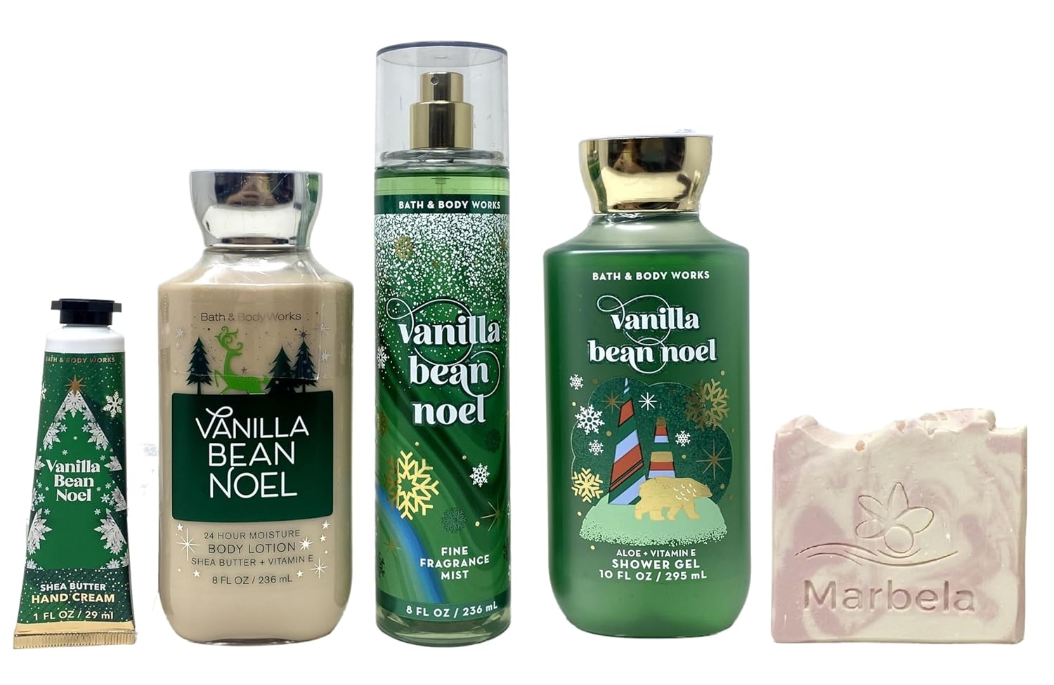 Bath & Body Works Vanilla Bean Noel Gift Set - Fragrance Mist - Shower Gel - Body Lotion and Hand Cream - with a Himalayan Salts Springs Sample Soap.