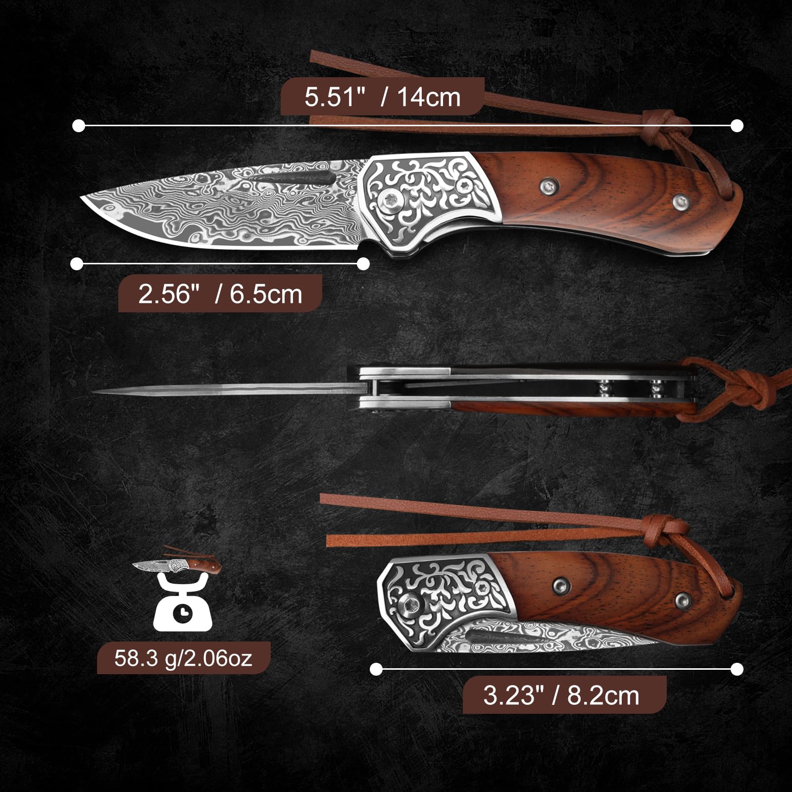DRACHENADER Damast-Taschenmesser – 67 Lagen VG10 Damaststahl, handgeschmiedet, §42a-konformes Zweihandmesser mit Liner Lock und Holzgriff, EDC-Klappmesser für Camping, Survival