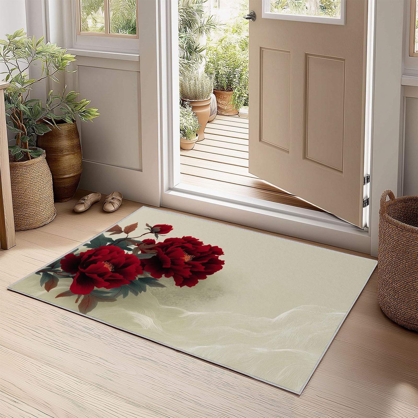 Générique Tapis Imprimé Encre Chine Plantes Fleurs 180x240 cm Moquette Poil Court Doux, Antidérapant, Léger et Résistant, Tapis Gris Clair Décoratif pour Salon Chambre à Coucher Salle à Manger