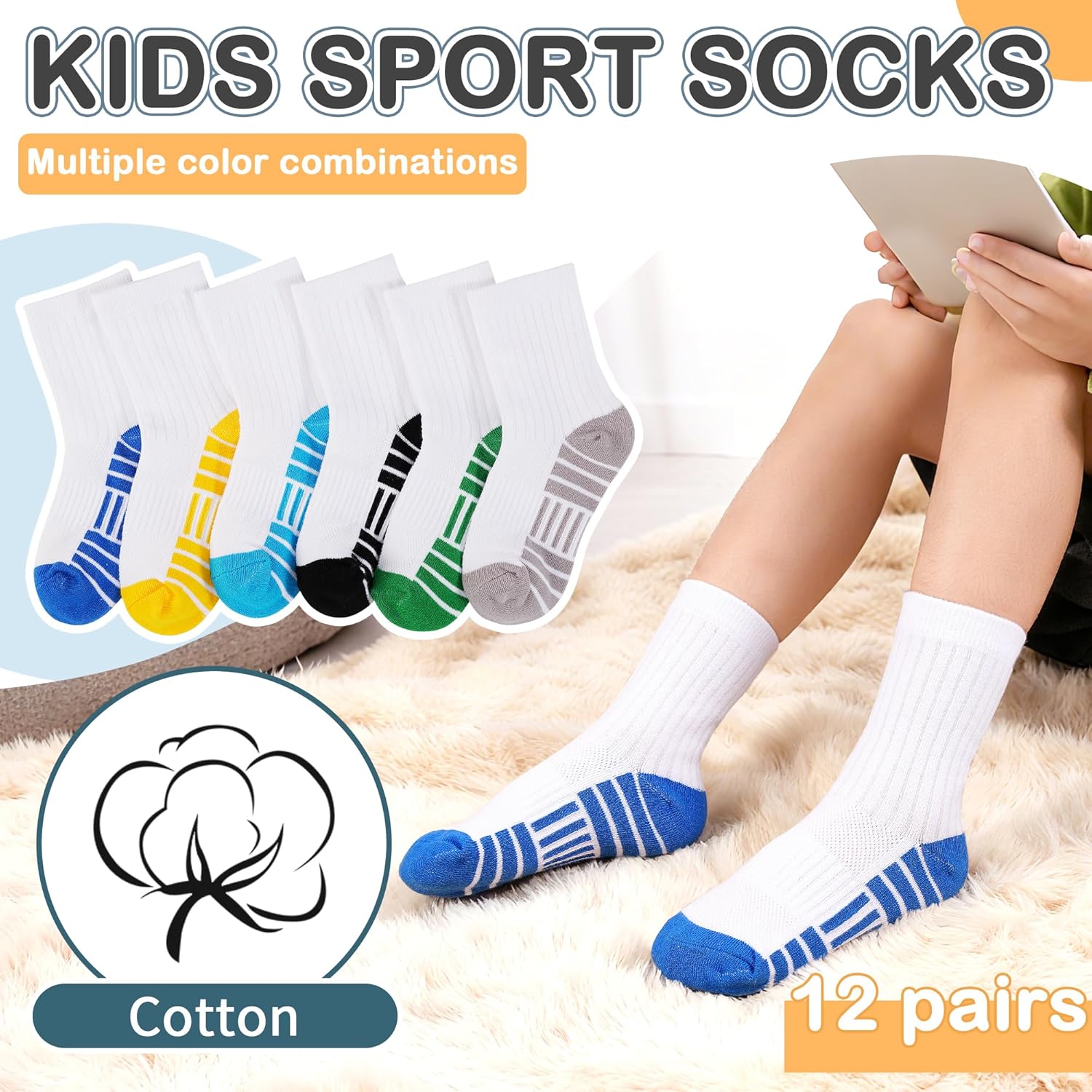 12 Pairs Boys Crew Socks, Kids Athletic Socks for Toddler Boys (1-14 Years) Calf Cotton Sock School Running Sports - Image 5