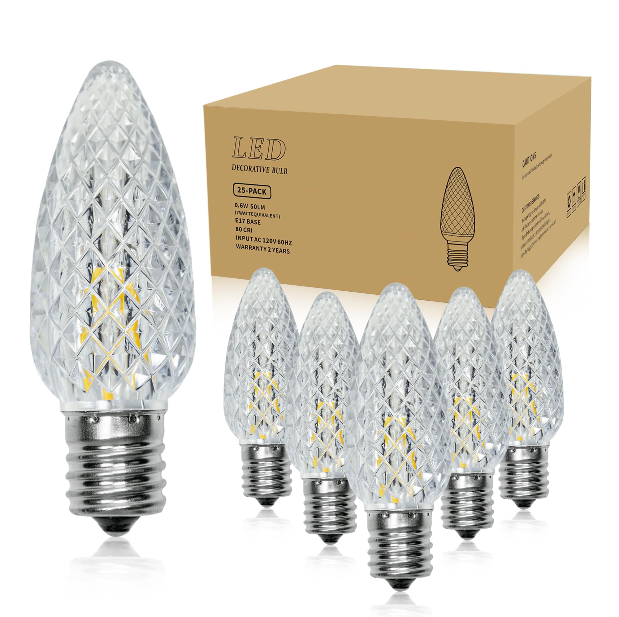25-Pack C9 LED Pathway Light Bulbs - Warm White 2700K E17 Base Christmas Replacement Bulbs
