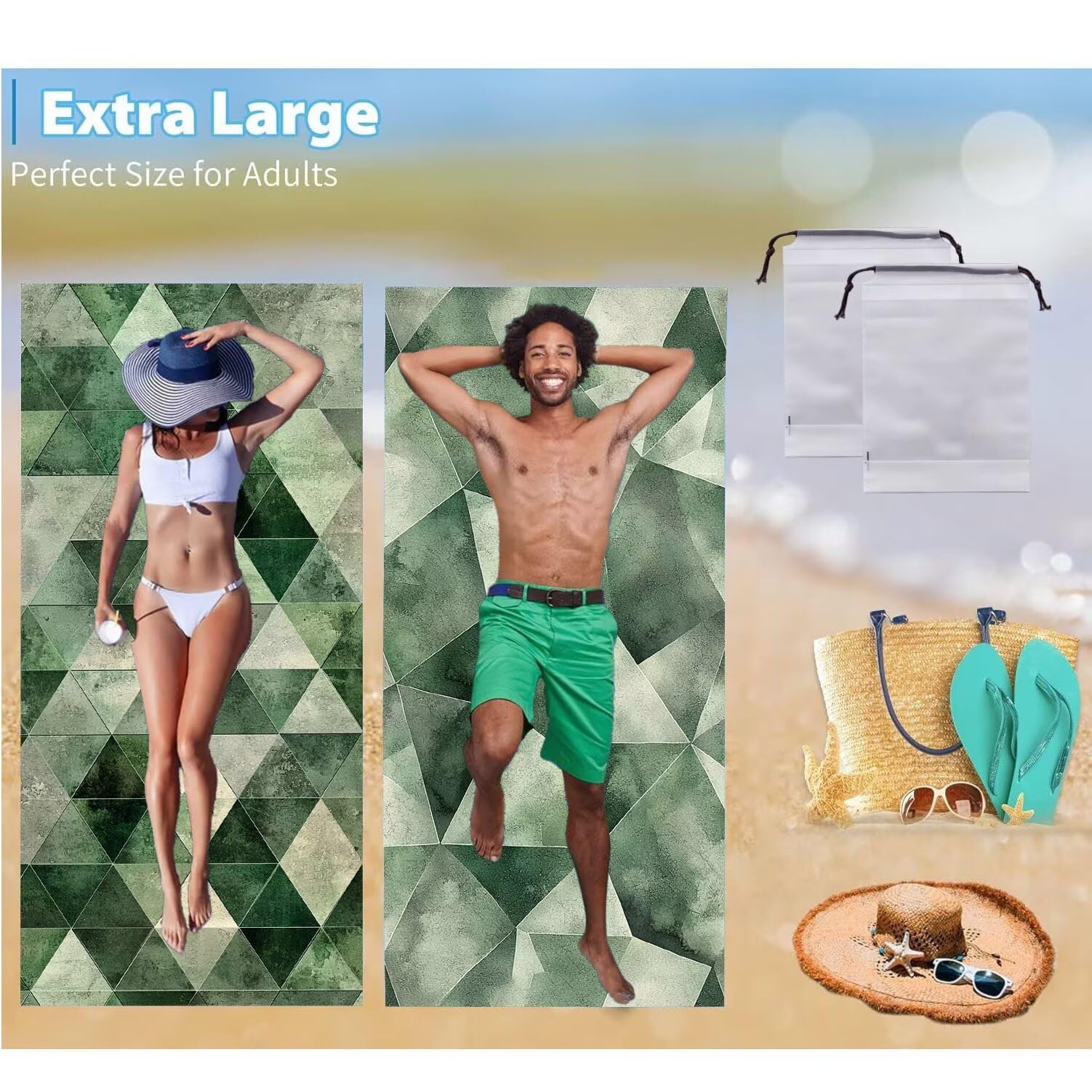 Ręcznik plażowy 90 x 200 cm, zestaw 2 dużych ręczników z mikrofibry szybkoschnący, chłonny, kompaktowy, ręcznik kąpielowy bez piasku lato koc plażowy damski do kąpieli prezent (niebieska geometria) H