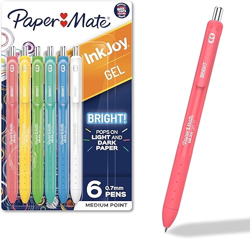 Paper Mate Inkjoy - Bolígrafos de gel Bright!, punta media (0.028 in), retráctil, tinta opaca surtida, 6 unidades