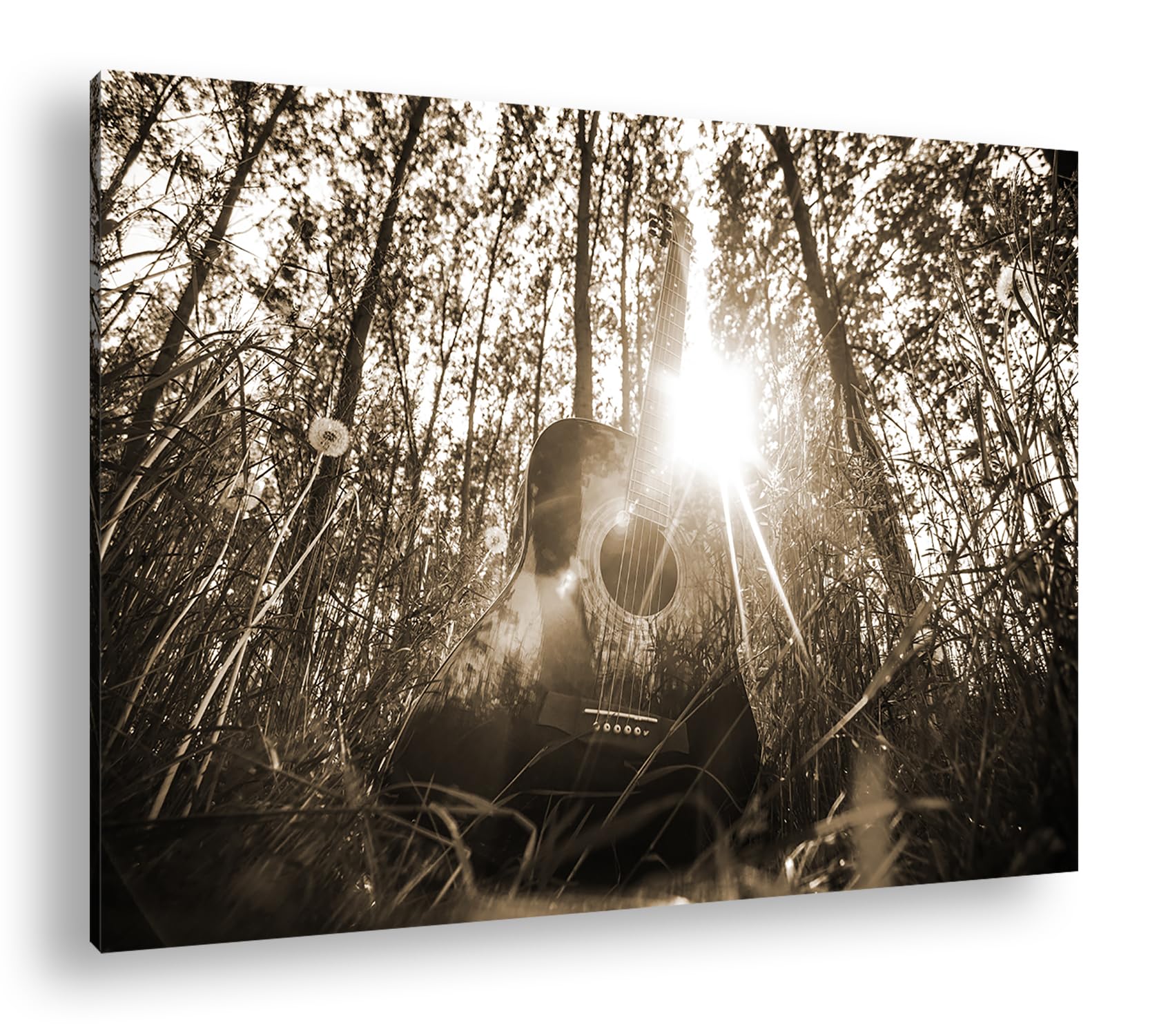 deyoli Chitarra acustica in formato foresta idilliaco: 90 x 60 cm, effetto: Seppia come tela, motivo già incorniciato su telaio in vero legno, stampa digitale di alta qualità con cornice