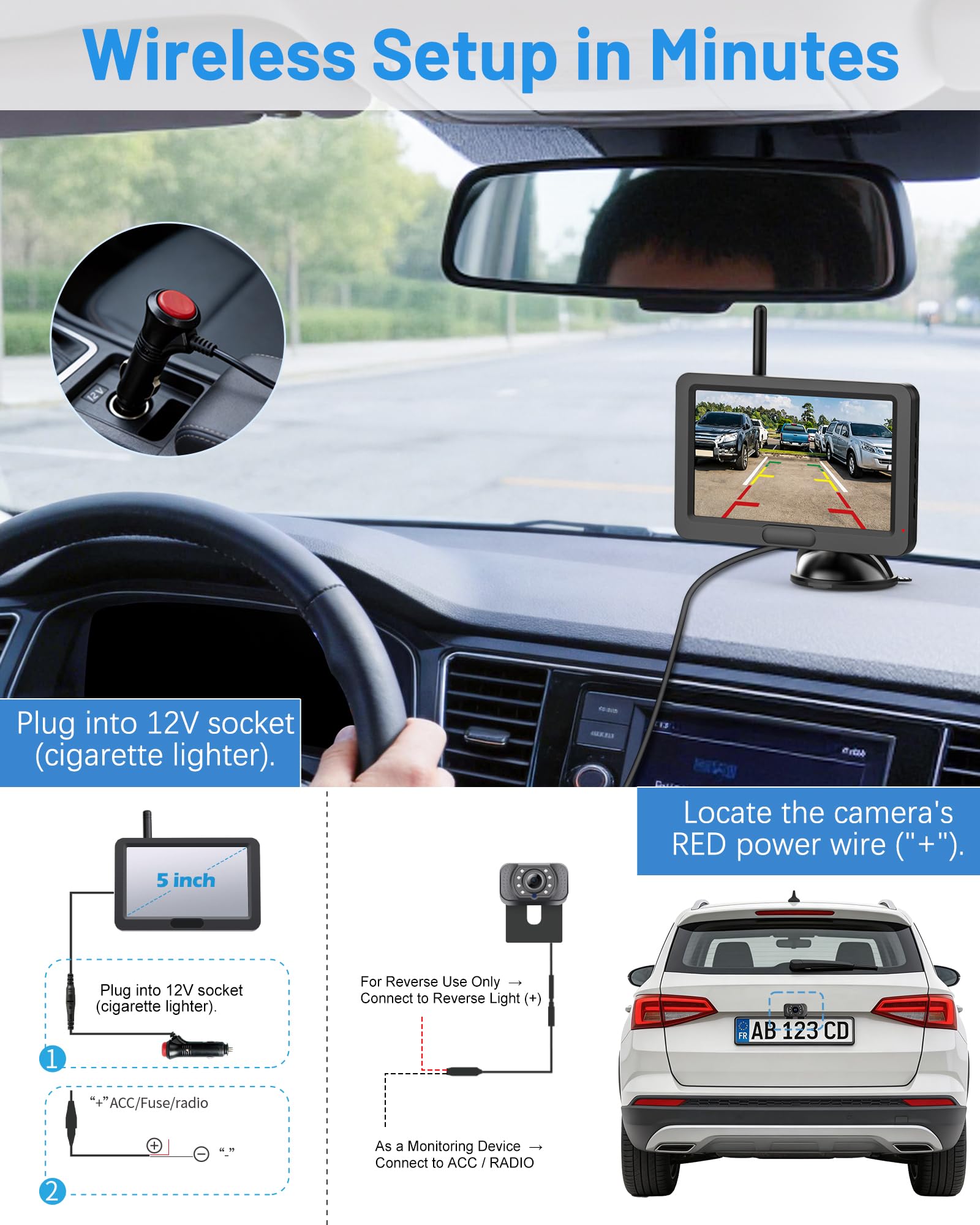 Cámara de visión trasera inalámbrica, 2,4 GHz, kit de cámara trasera HD, cámara de visión nocturna, IP68 K, impermeable, multipantalla para camión, coche, RV/SUV/remolque