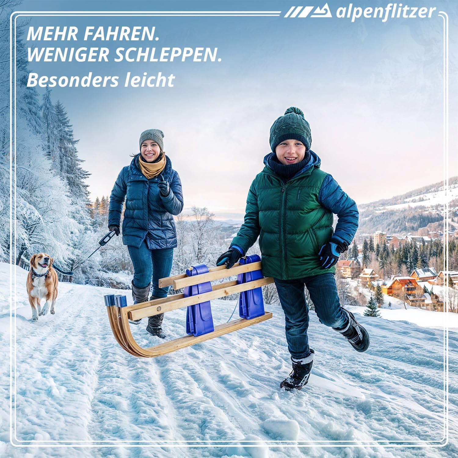 Trineo de Madera Alpenflitzer® con Respaldo 110 cm; Trineo Davos Plegable para niños; Trineo de Madera de Haya de Primera Calidad Trineo Plegable (Modelo 2023)