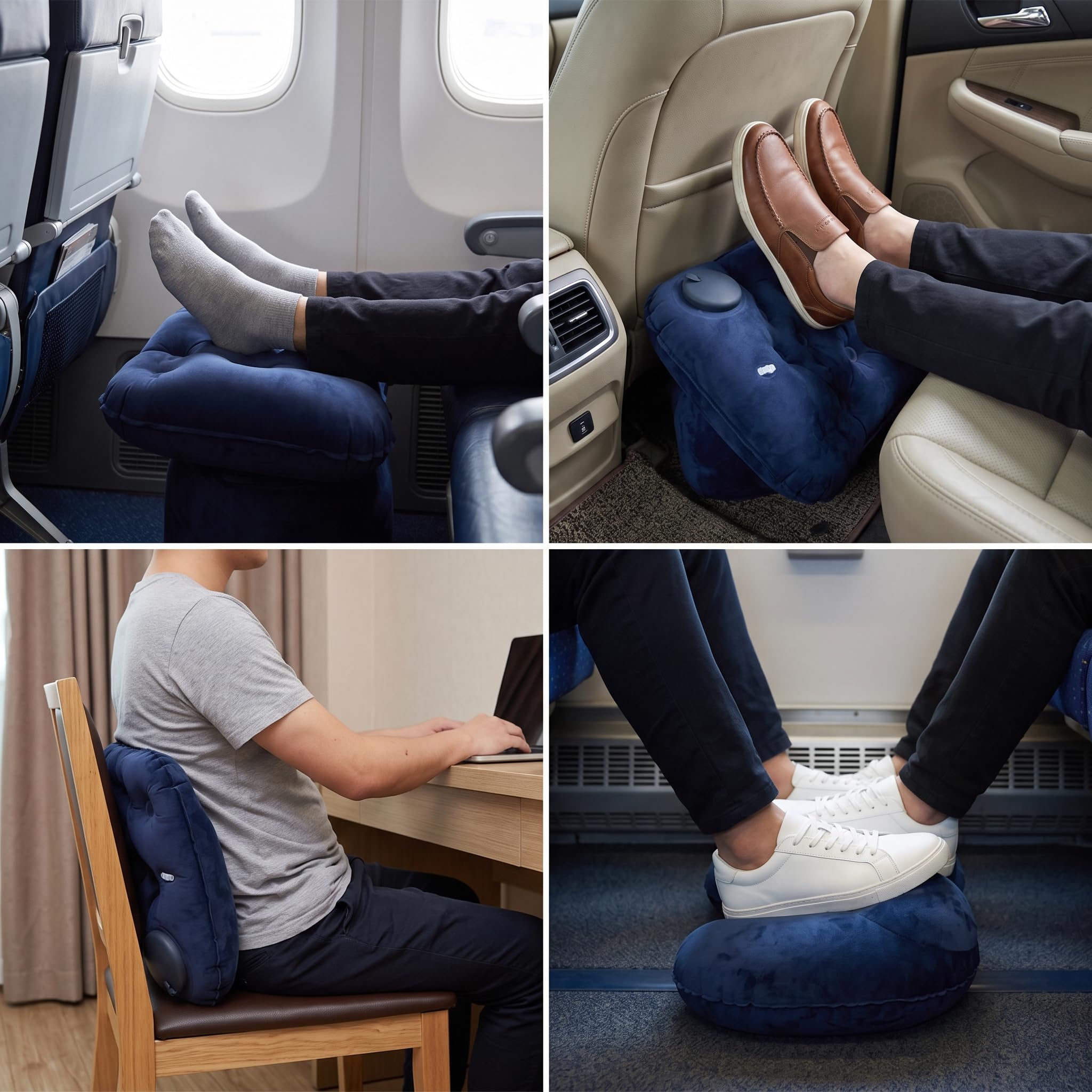 Homyl Oreiller Gonflable et Coussin Soutien Pliable pour Avion, Voiture ou Bureau, Coussin Lombaire Gonflable à Pression + Oreiller de Voyage en Forme de U à Bosse de Chameau, Couleur Bleu Marine