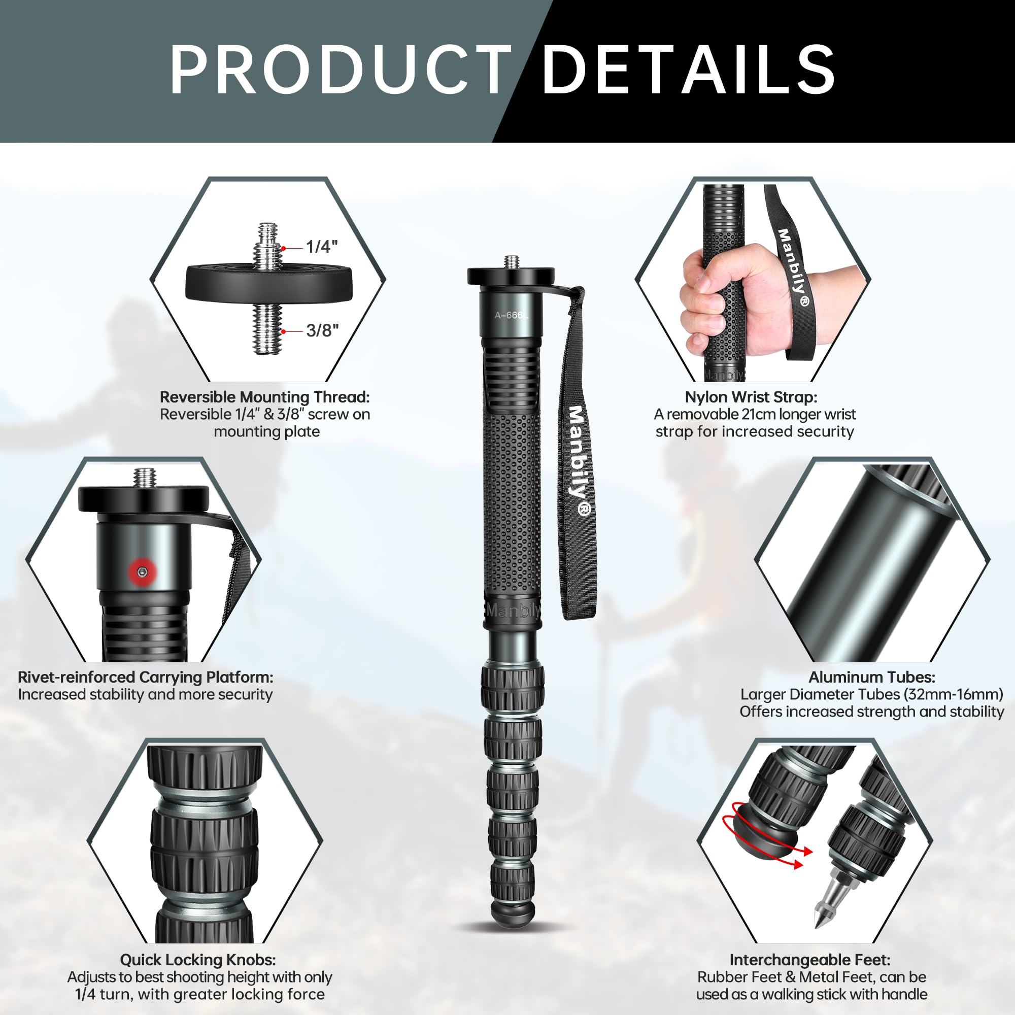 Manbily A-666L 32mm Einbeinstativ für Kameras 44cm-174cm aus Aluminium Monopod Stativ DSLR Reise-Einbeinstativ 6 Abschnitte Wanderstöcke Max. 15KG, 1/4 & 3/8 Zoll Videokamera (Metallgrau)