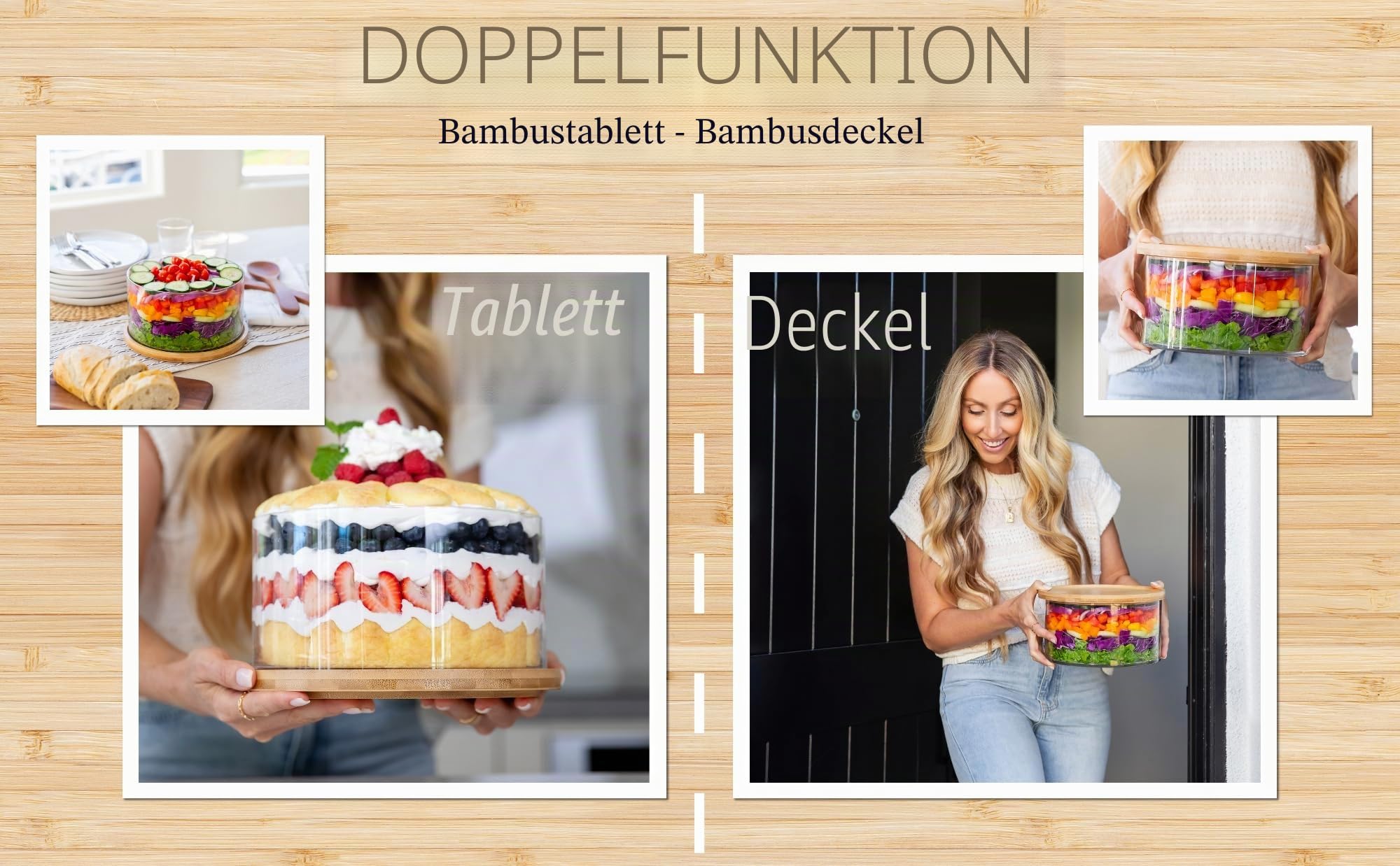XXL Salatschüssel aus klarem Glas mit Doppelfunktions-Deckel aus Bambus – extra große Rührschüssel mit Deckel für Salate, Dessert, Obst, Punsch – Mittelstück große Servierschalen für Unterhaltung