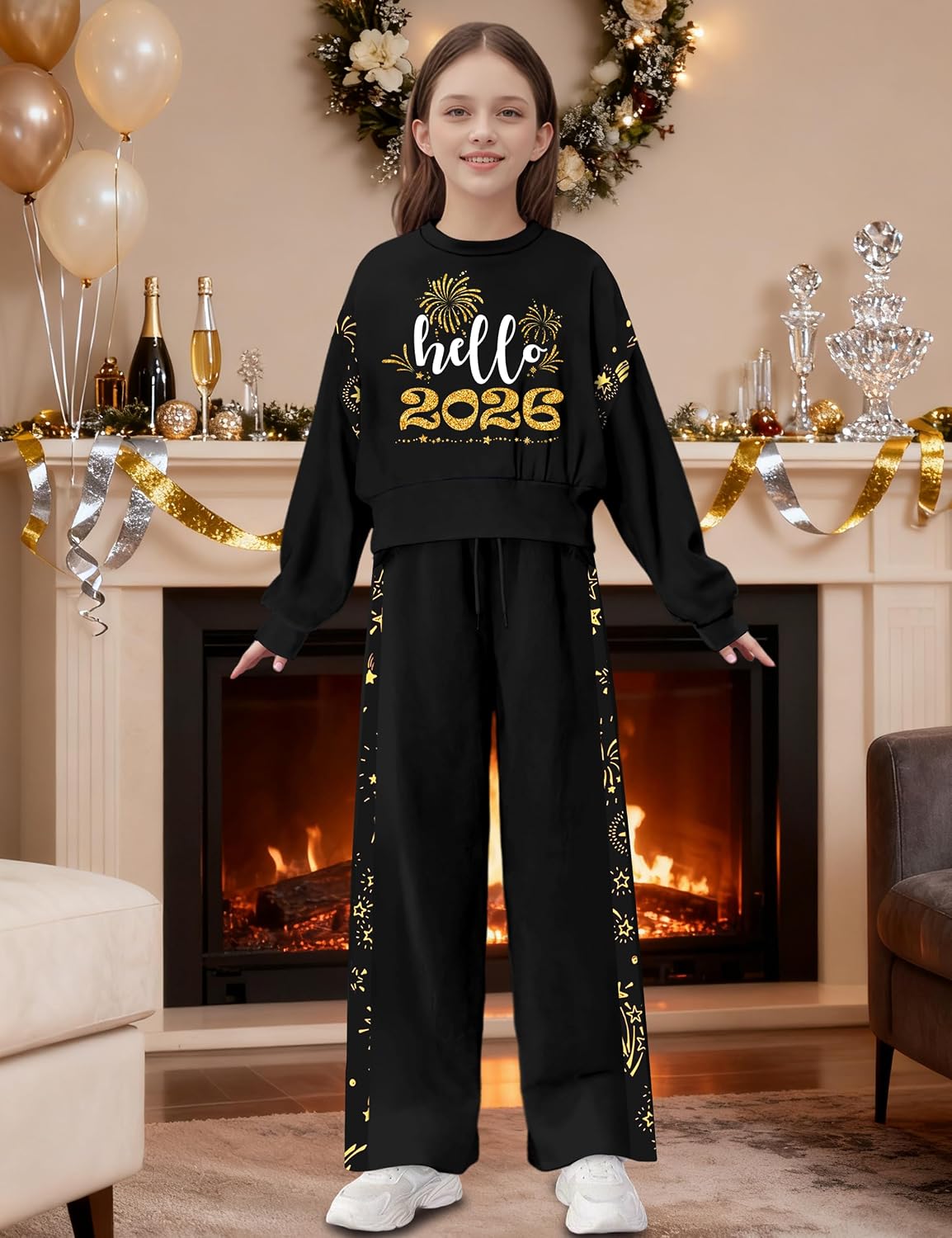 Shallmu Girls Clothes Long Sleeve Stripe Pullover Sweatshirts Top Wide Leg Sweatpants Fall Winter 2 Piece Outfits Sets image 2