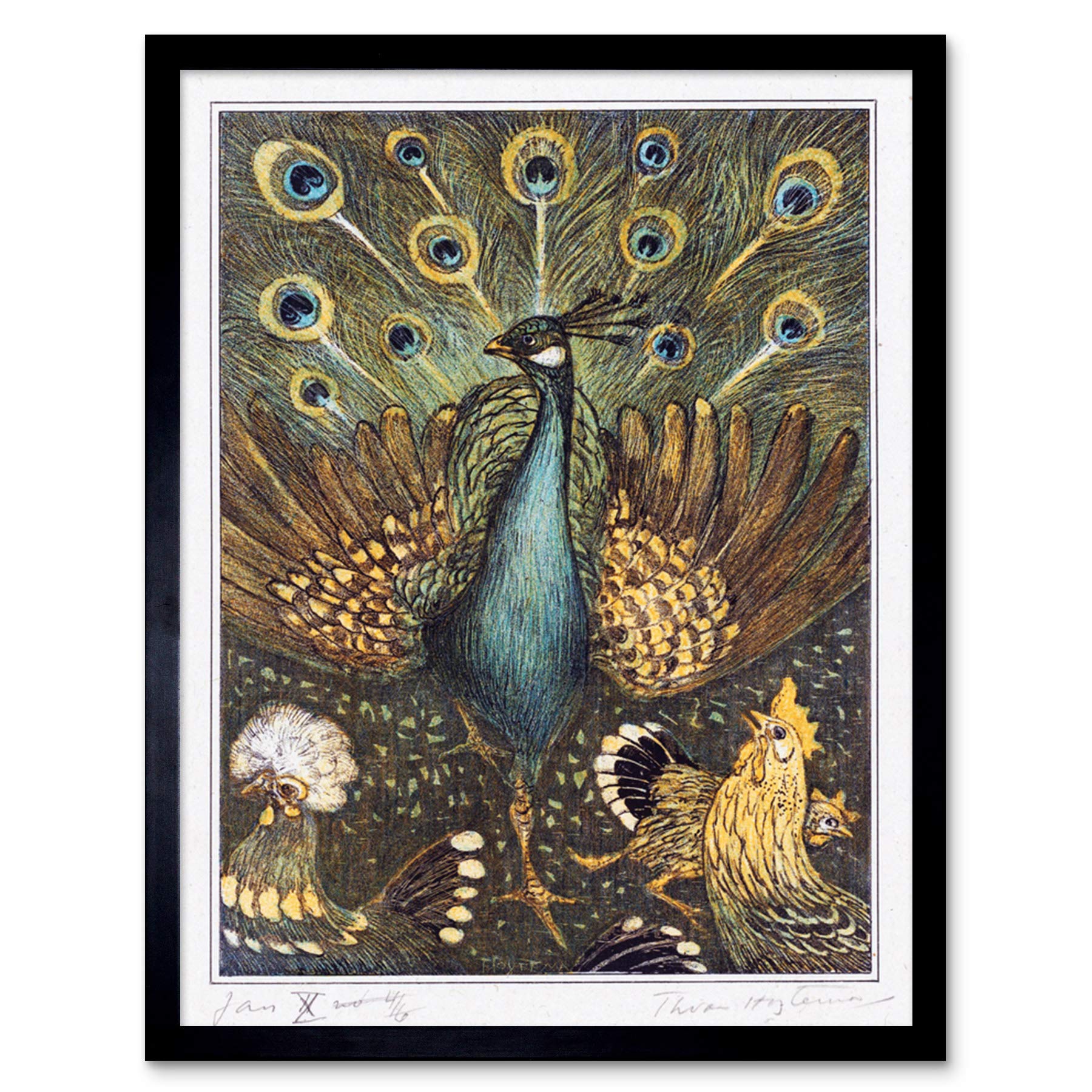 Artery8 Hoytema Peacock Chickens Birds Drawing Art Print Framed Poster Wall Decor 12x16 inch