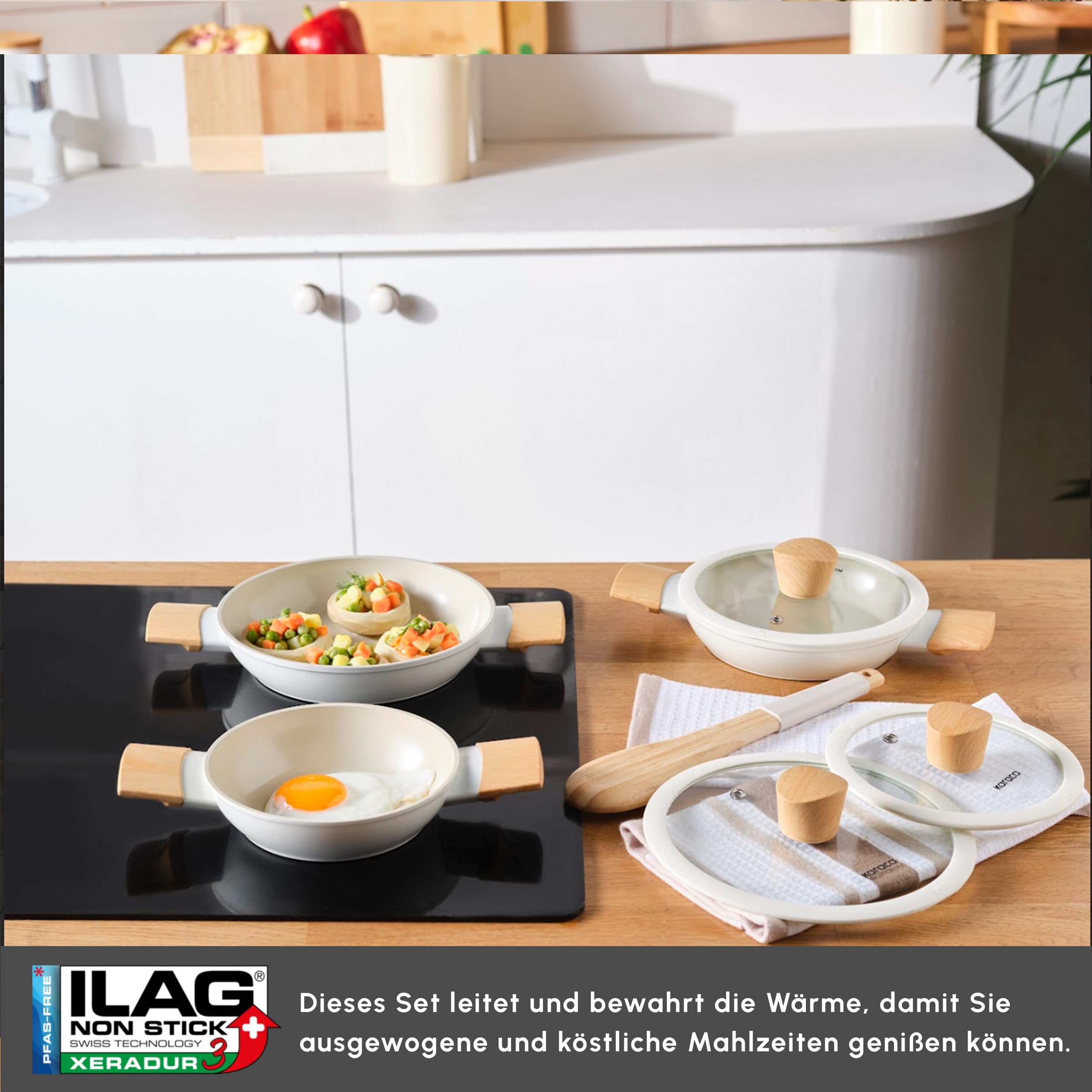 Karaca Swiss Crystal Almond, 6-teiliges Schmortopf-Set, Induktionsgeeignet – Hochwertiges Kochgeschirr aus Aluminiumguss mit Glasdeckel