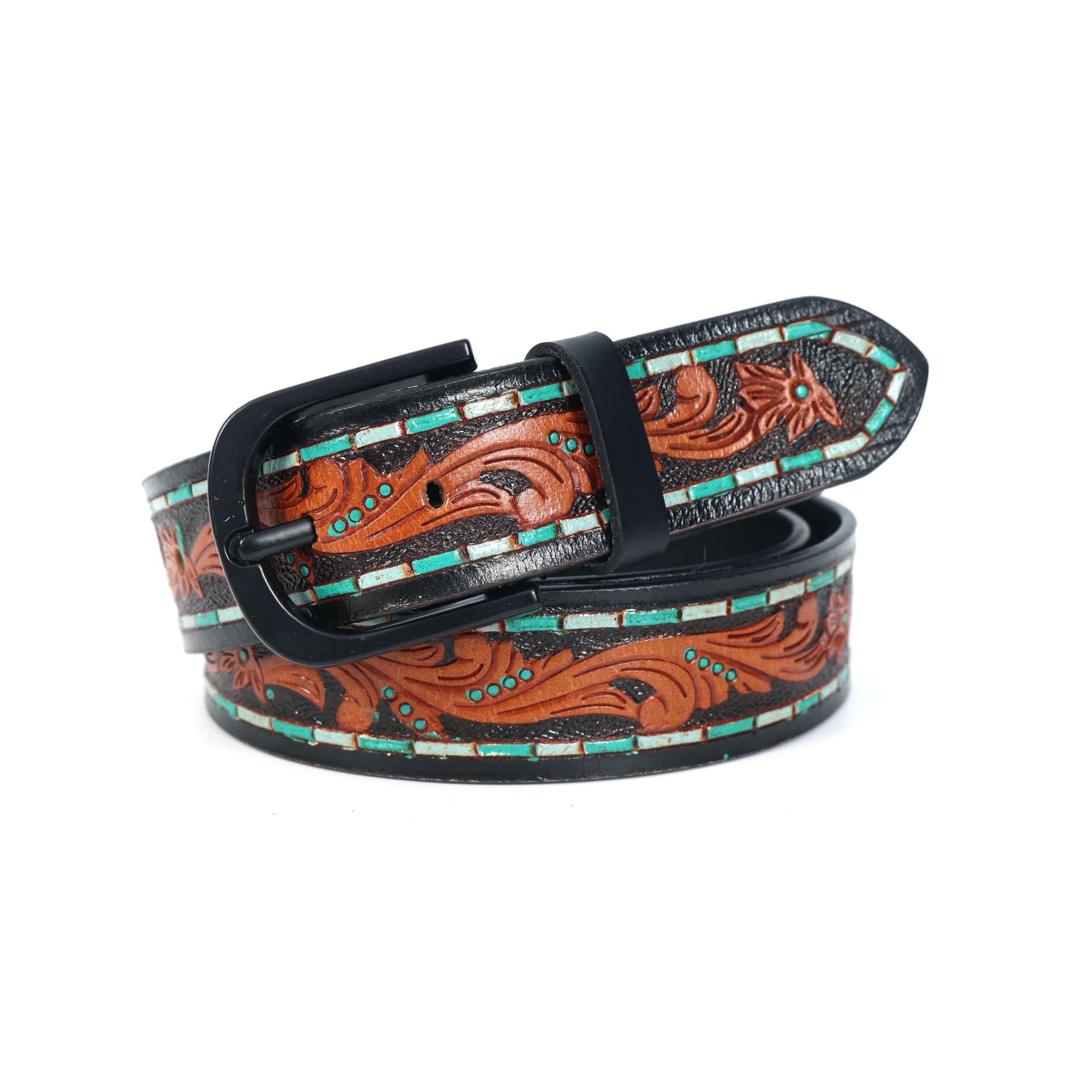 Unisex Genuine Leather Embossed Brown Turquoise Floral Western Waist Accessory Brass Buckle