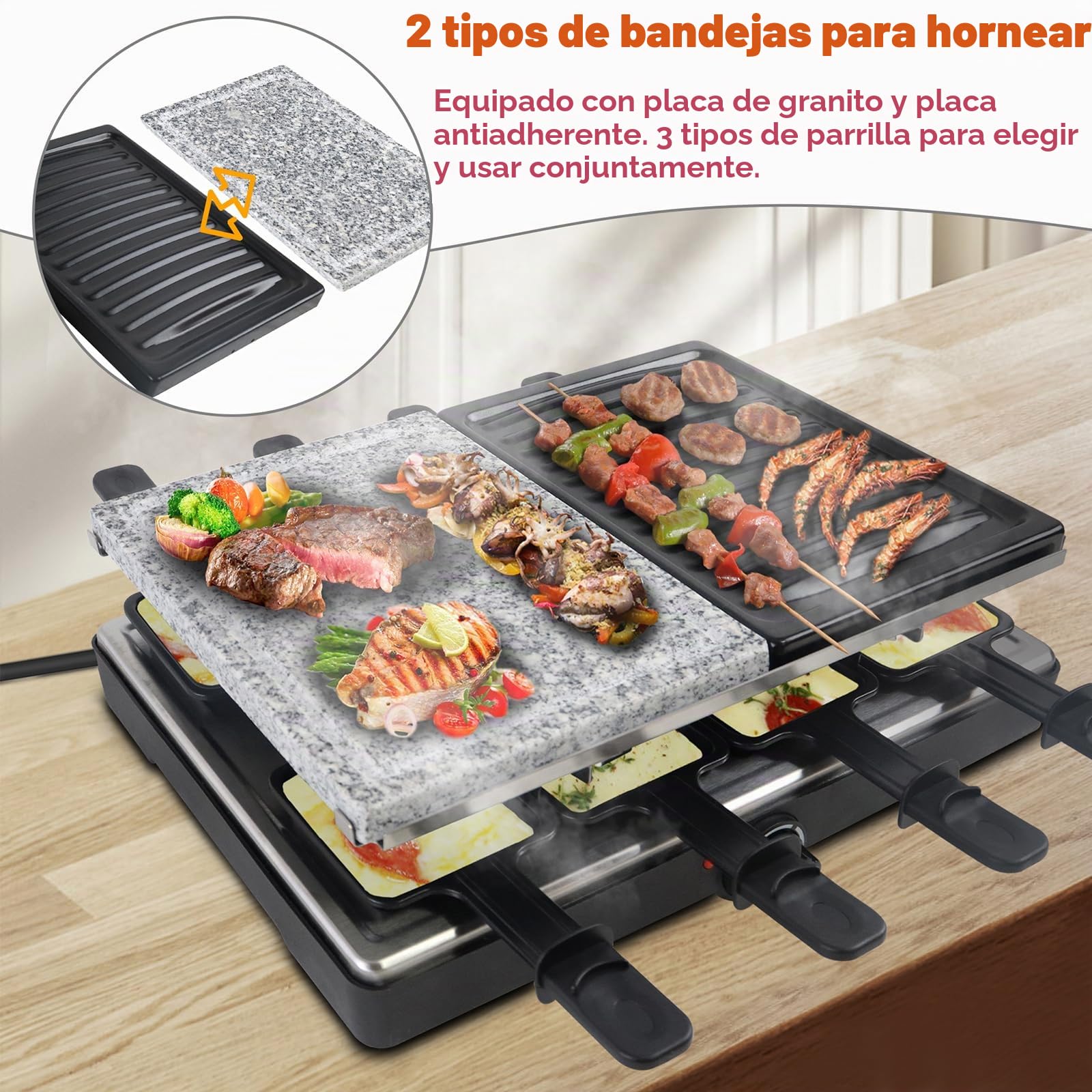 UISEBRT Parrilla Raclette 1400W Parrilla eléctrica para 8 personas Parrilla de mesa incl. losa de granito y plancha antiadherente Barbacoa eléctrica para fiesta de Navidad - Negro