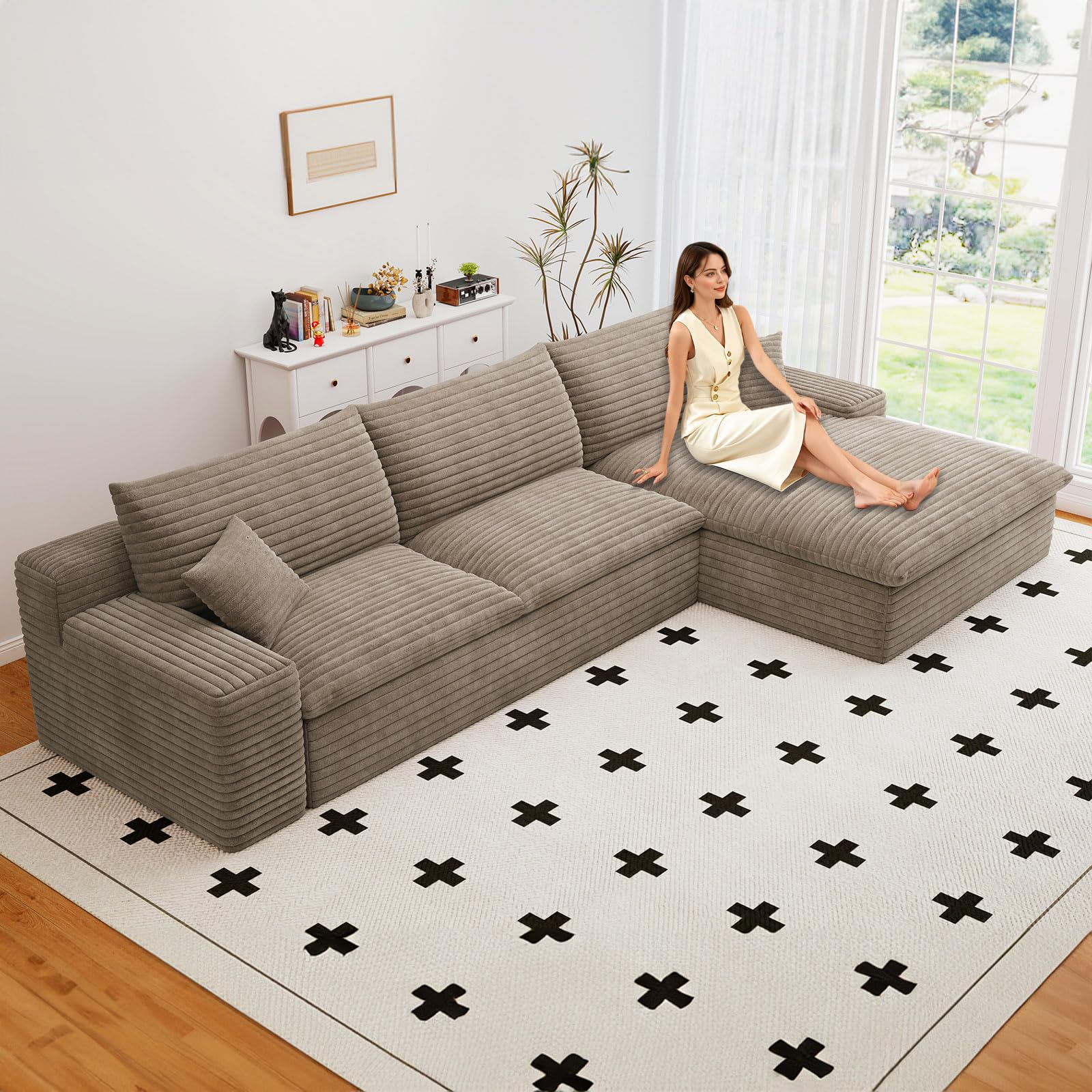 107" W Cloud Couch Modular Sectional Sofa for Living Room, L-Shape Boneless Couch with Deep Seat, Modern Corduroy 3-Seater, No Assembly Required (Camel,Right-Facing Chaise)
