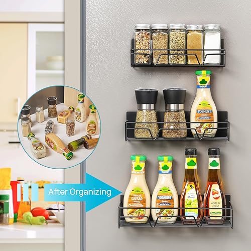 Miniatura 4 de Vtopmart Paquete de 6 especias magnéticas para refrigerador con 12 ganchos, estante magnético, organizador de especias para gabinete, organizador de