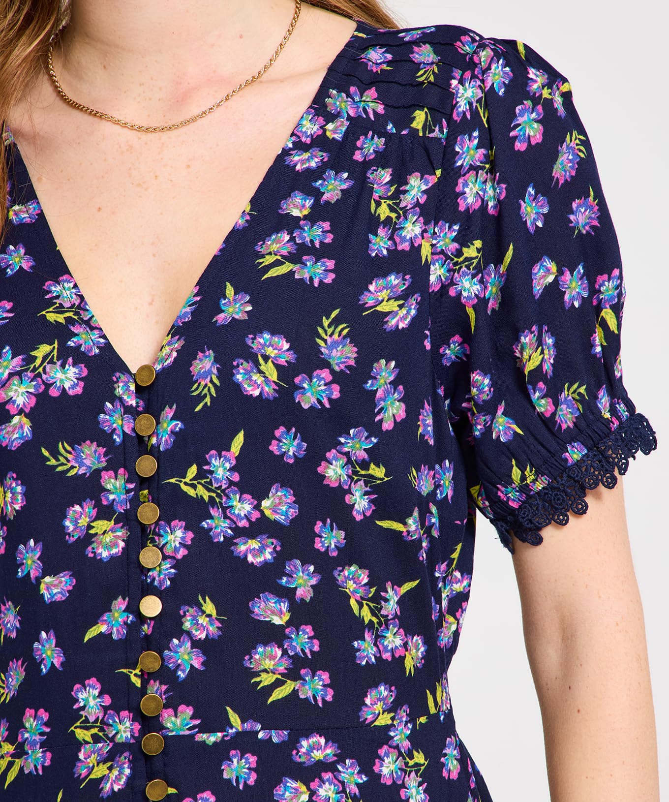 Joe Browns Dark Vintage Floral Puff Sleeve V-Neck Midi Dress Robe Femme