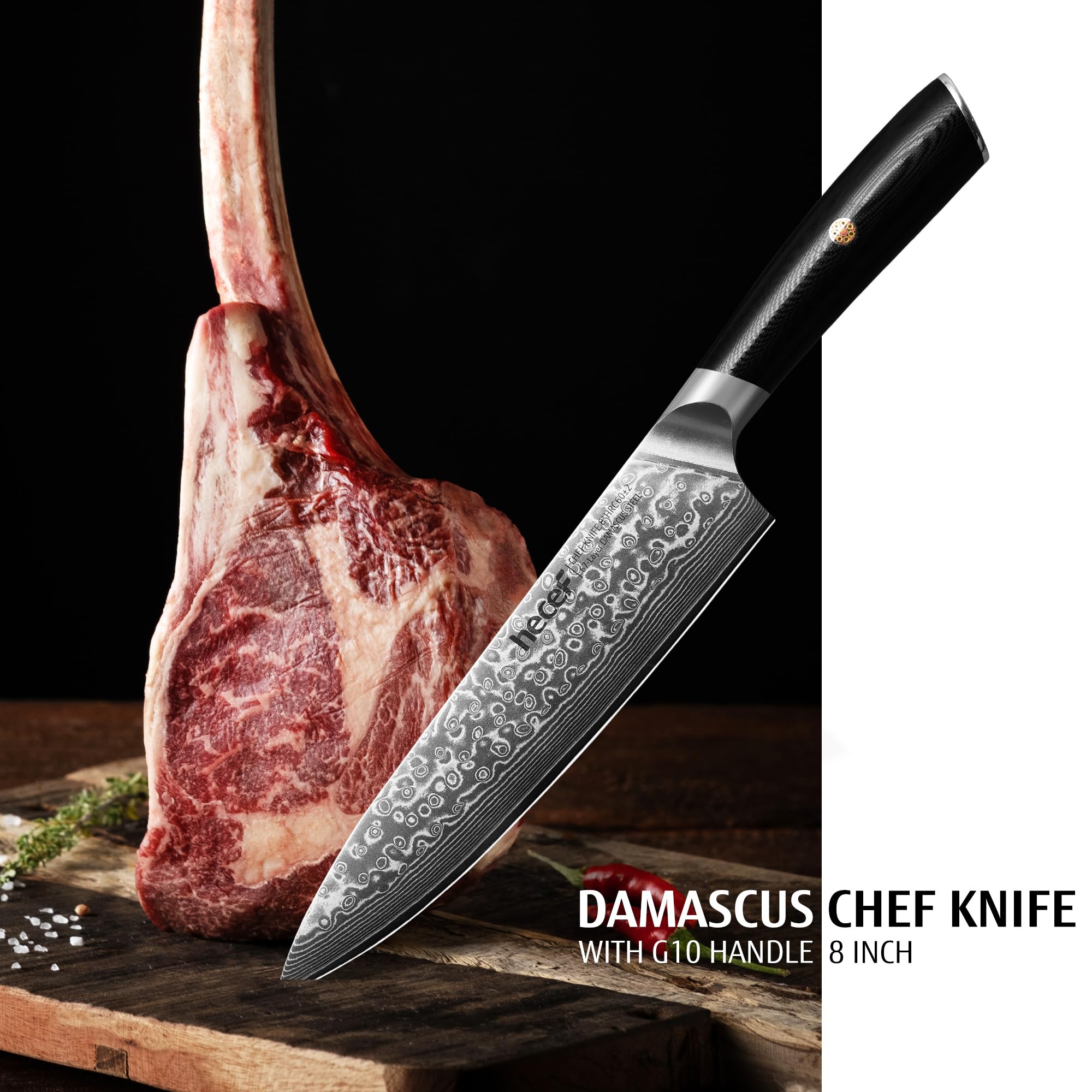 hecef Cuchillo Damasco, Cuchillo Japones Profesional con Mango Ergonómico G10, 67 Capas Cuchillo Acero Damasco con Protector de Hoja, 20 cm Cuchillo Chef, Regalo para Chef y Amantes de la Cocina
