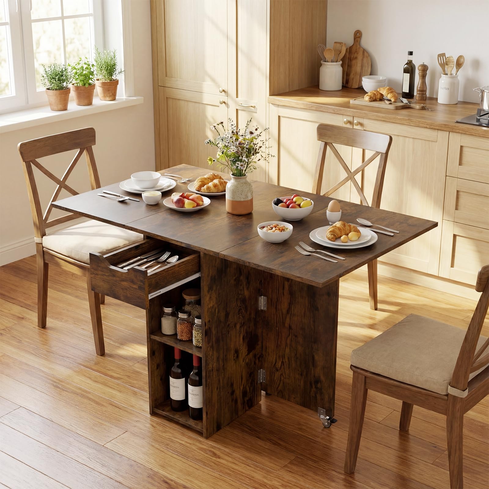 GIANTEX Tavolo da Pranzo Pieghevole, Mobile da Cucina con Ali Pieghevoli, 1 Cassetto e 2 Ripiani Aperti, per 2-4 Persone, Salvaspazio, 120 x 72 x 75 cm, Ideale per Sala e Cucina