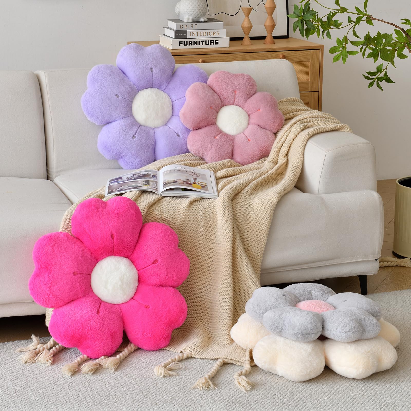 Blumenförmiges Kissen, niedliches dekoratives Wurfkissen mit weichem Kaninchenfell für Couch, Bett, Stuhl, Boden, Weihnachtskissen, Sitzkissen mit Raumdekoration für Schlafzimmer, Wohnzimmer (50 cm,
