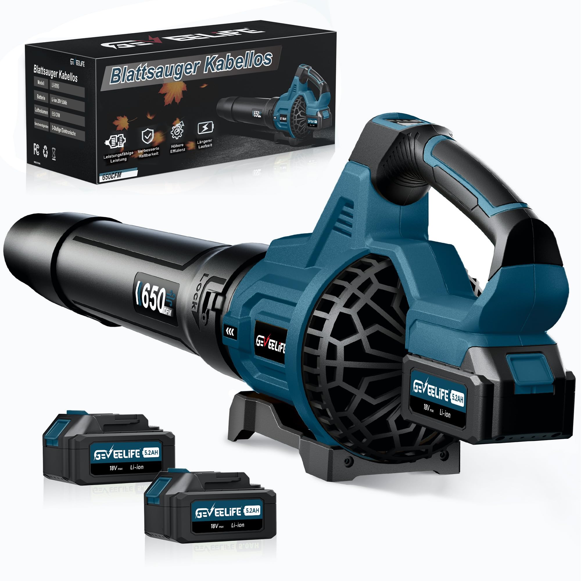 GEVEELIFE Akku-Laubbläser18V, 257 km/h Elektrischer Laubbläser mit 3-Gang & 2x5,2Ah Akkus –Kabellos laubbläser für Garten, Laub,Staub & Schnee, Blau