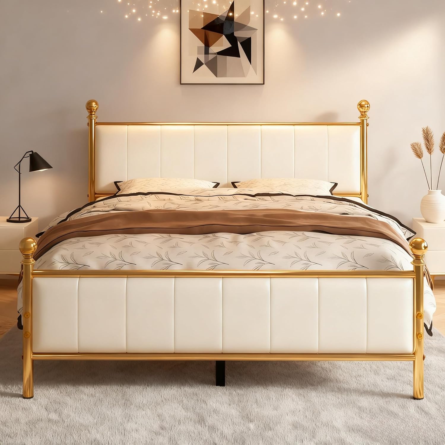 HAY.com Queen Size Bed Frame with Headboard and Footboard, PU Leather Upholstered Platform Bed Supported by Metal Slats, No Box Spring Needed, Easy Assembly, Gold/Beige