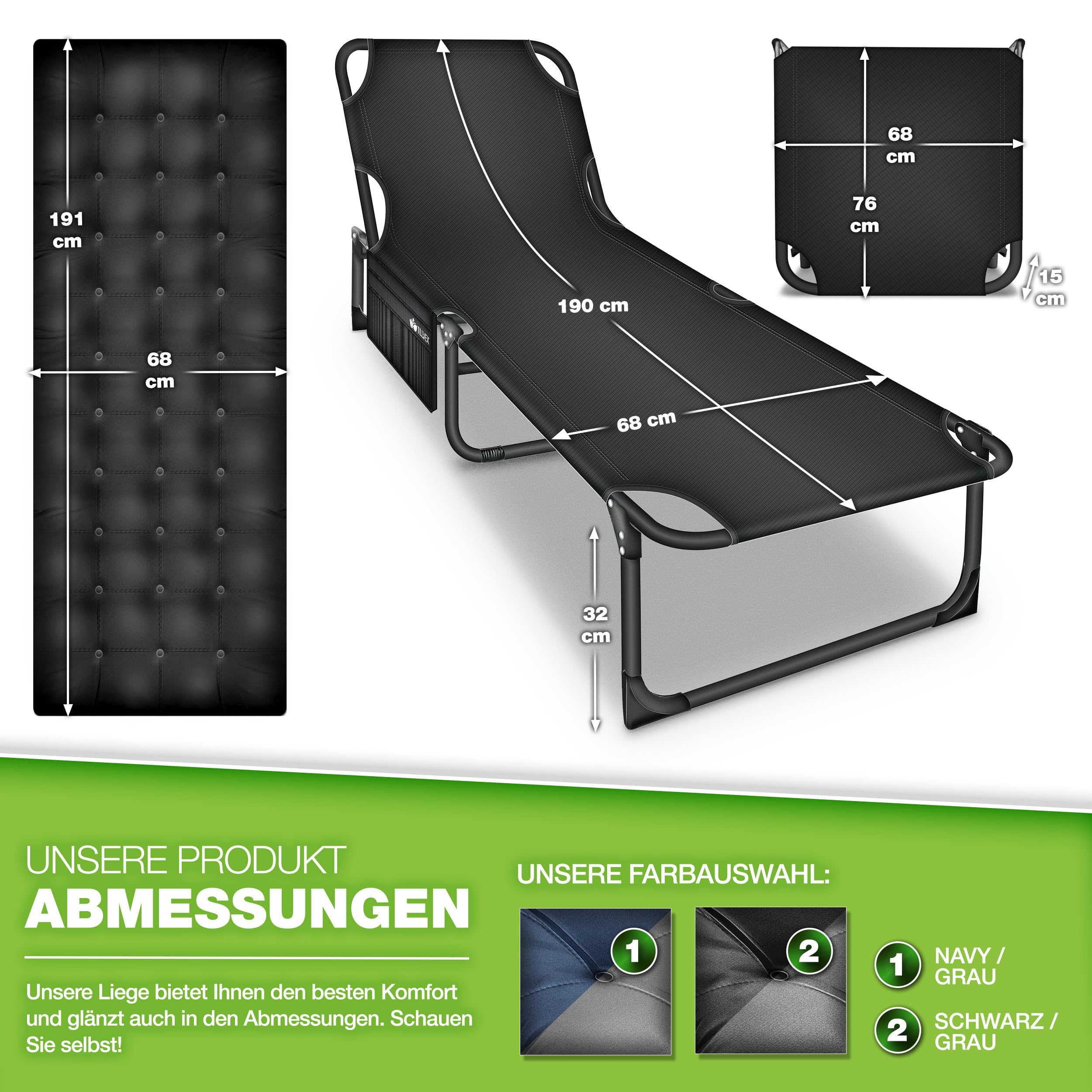 tillvex® Campingbett klappbar mit Nackenkissen & Seitentasche bis 280 kg | Campingliege Sonnenliege mit Polster | Feldbett Outdoor & Indoor | Klappbett Gästebett faltbar Garten Camping Festival Reise