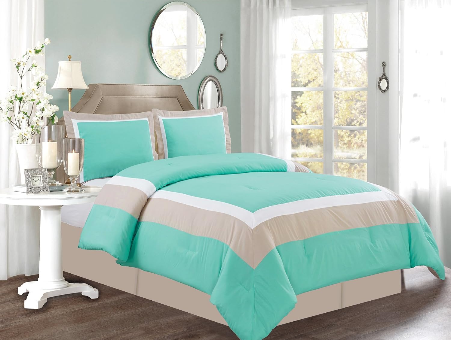 Grand Linen 4 Piece Queen Size Turquoise Blue/White/Grey