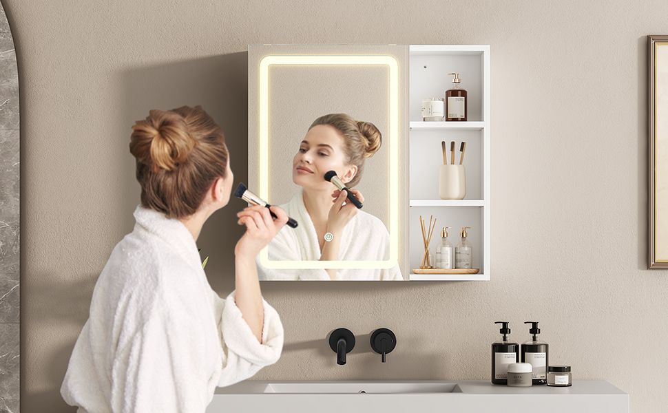 Specchiera Bagno Con Luci LED Regolabili - Armadietto 2 Ante, Mensola Regolabile, 70x15x65cm Marrone - Foto 12