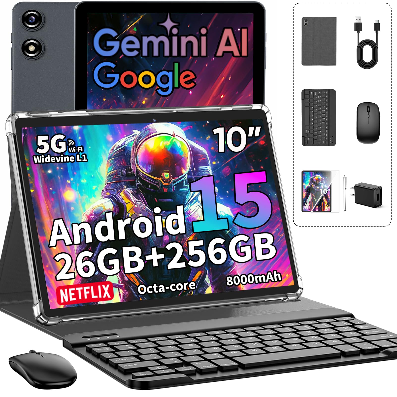 【Android 15 Gemini AI タブレット】10インチ Amazon.com : 2026 Android 15 Tablet with Keyboard, 26GB+256GB+2TB