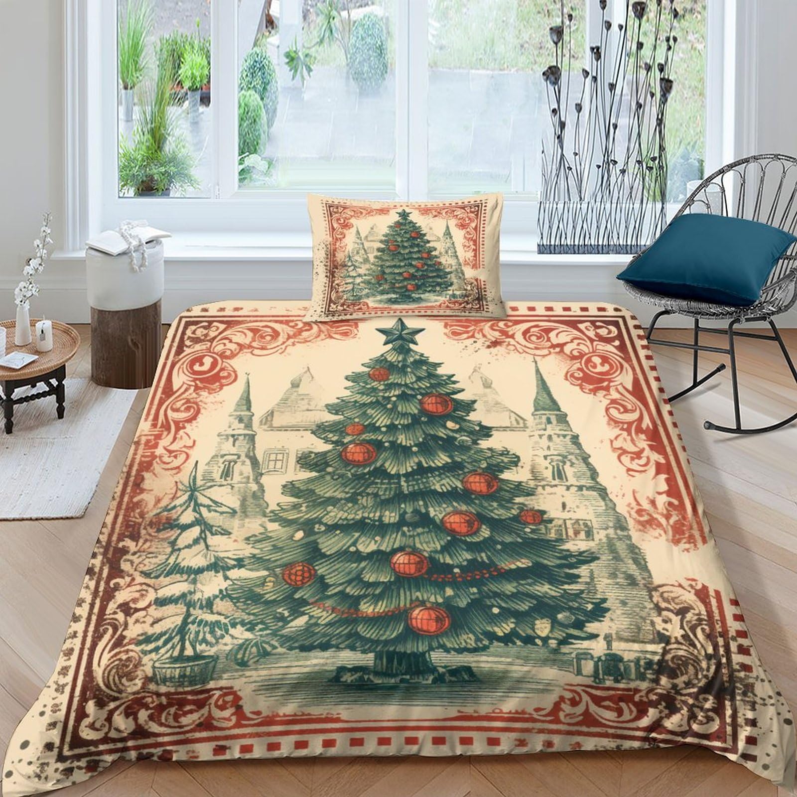 Housse de couette Noël vintage 135x200 parure de lit 3 pièces microfibre avec taies