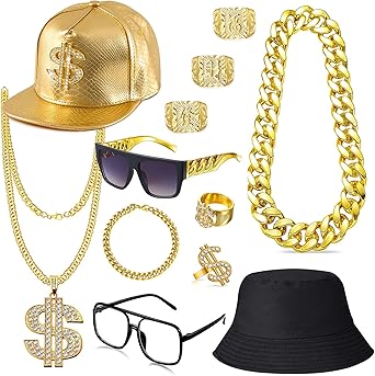 80s 90s Hip Hop Costume Outfits Kit Sunglasses Cap Rapper Golden Chain Necklace Dollar Sign Rings Accessories Set for Halloween Party