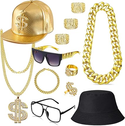 80s 90s Hip Hop Costume Outfits Kit Sunglasses Cap Rapper Golden Chain Necklace Dollar Sign Rings Accessories Set for Halloween Party