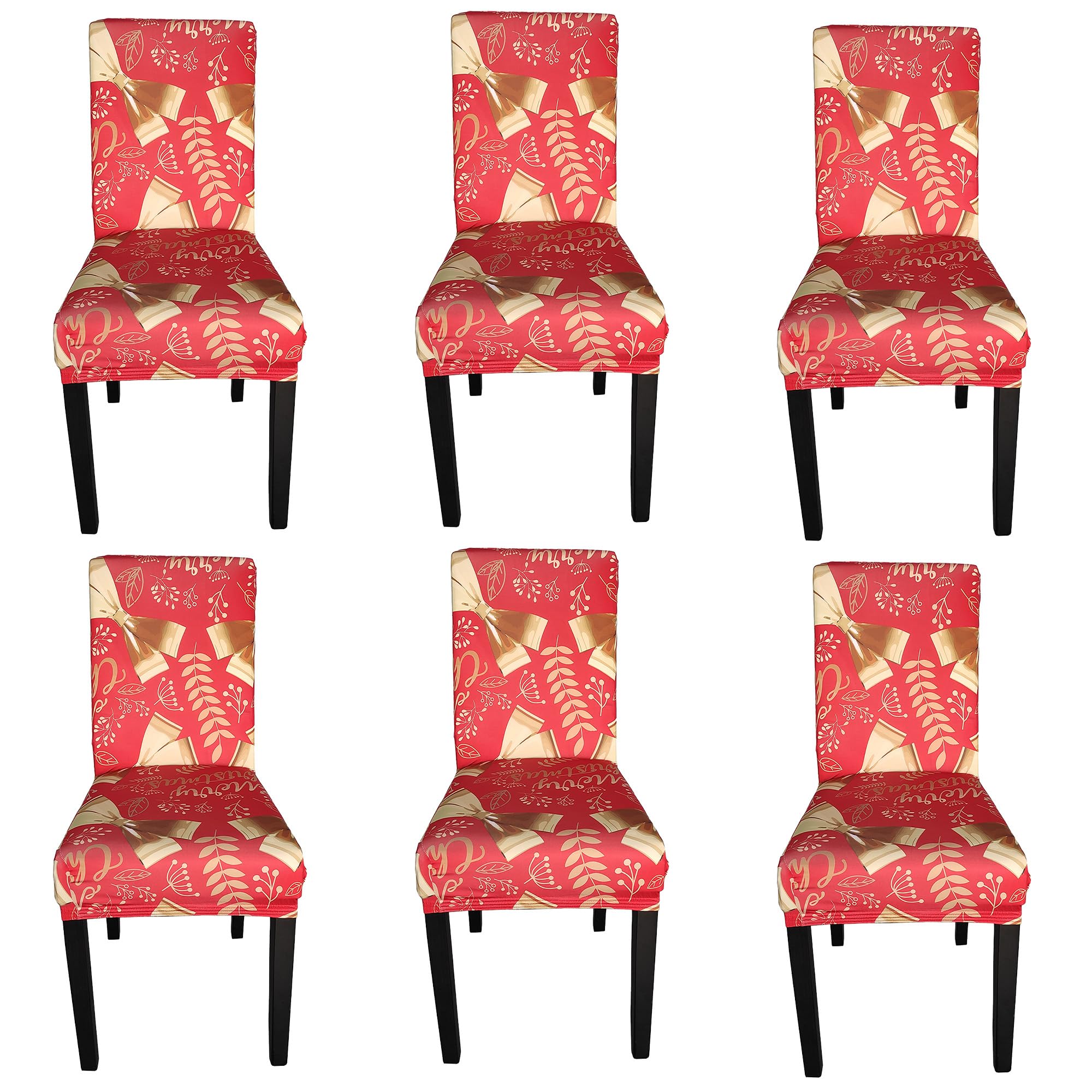 Printed High-Back Chair Covers for Dining Room Chairs Spandex Stretch, Universal Armless Chair Protective Slipcover for Kitchen, Party, Banquet & Hotel, Bow Ribbons & Tree Leaves - Red, Pack of 6