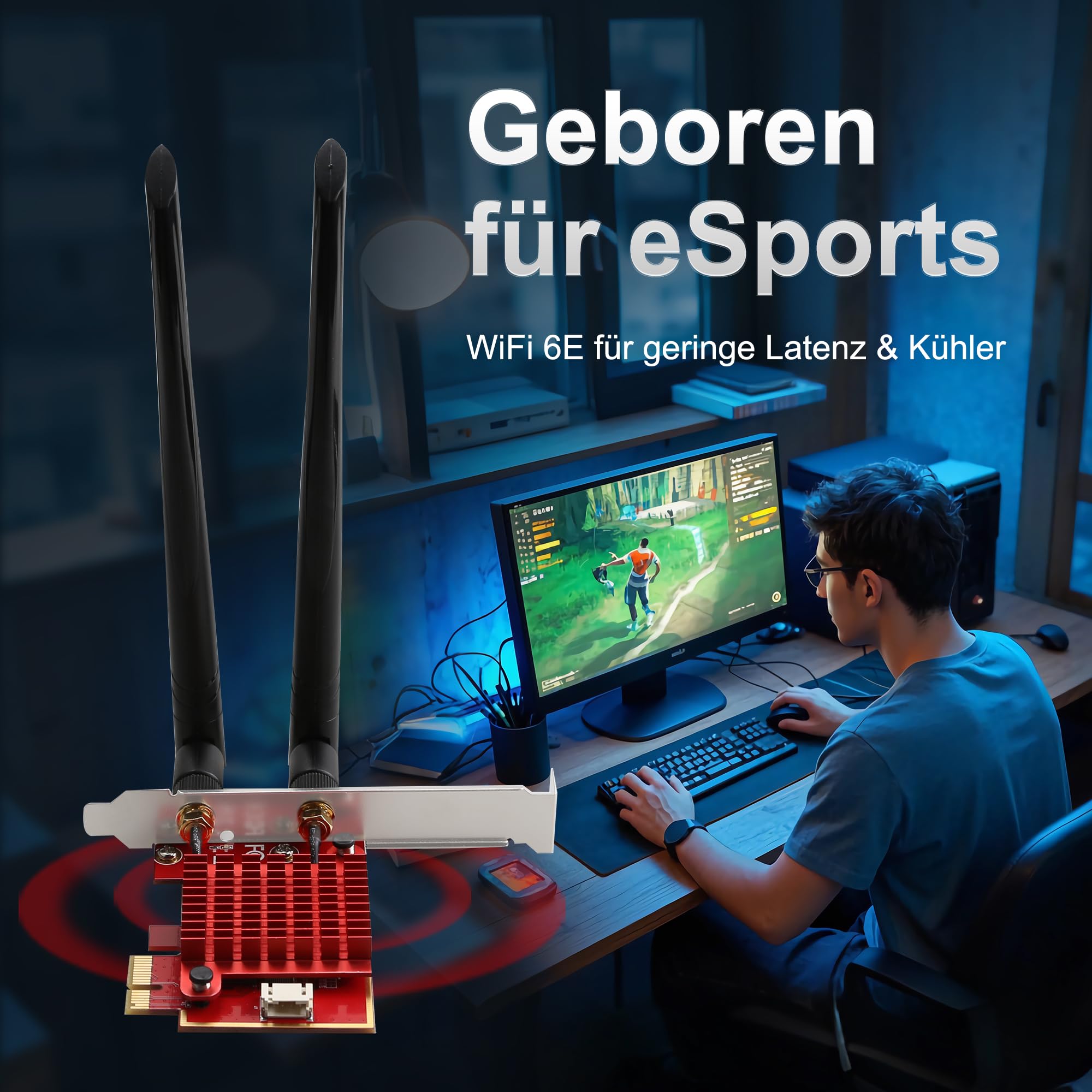Tarjeta PCIe WiFi 6E para juegos, chip Intel AX210, 5400 Mbps Tri-Band (2,4/5/6 GHz), Bluetooth 5.3, latencia ultra baja para Windows 10/11, PC de escritorio Adaptador WiFi
