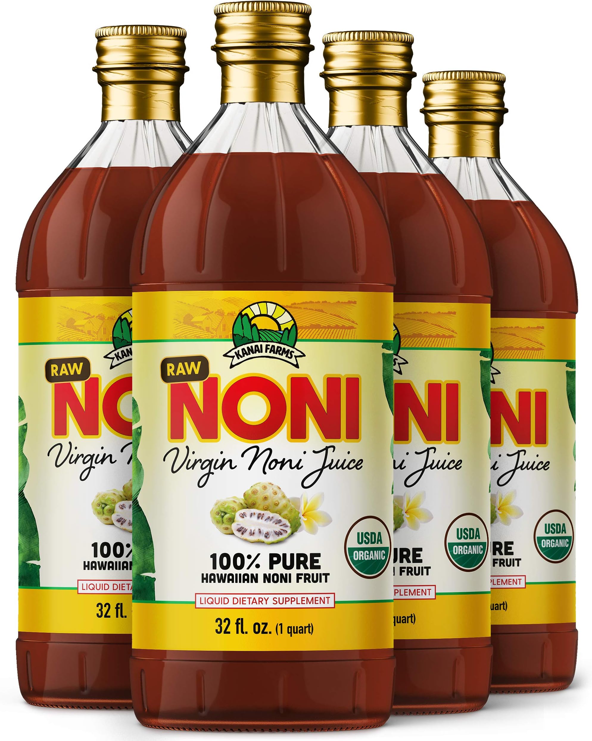 Virgin Noni Juice - RAW (Unpasteurized) 100% Pure Organic Hawaiian Noni Juice - 4 Pack of 32oz Glass Bottles